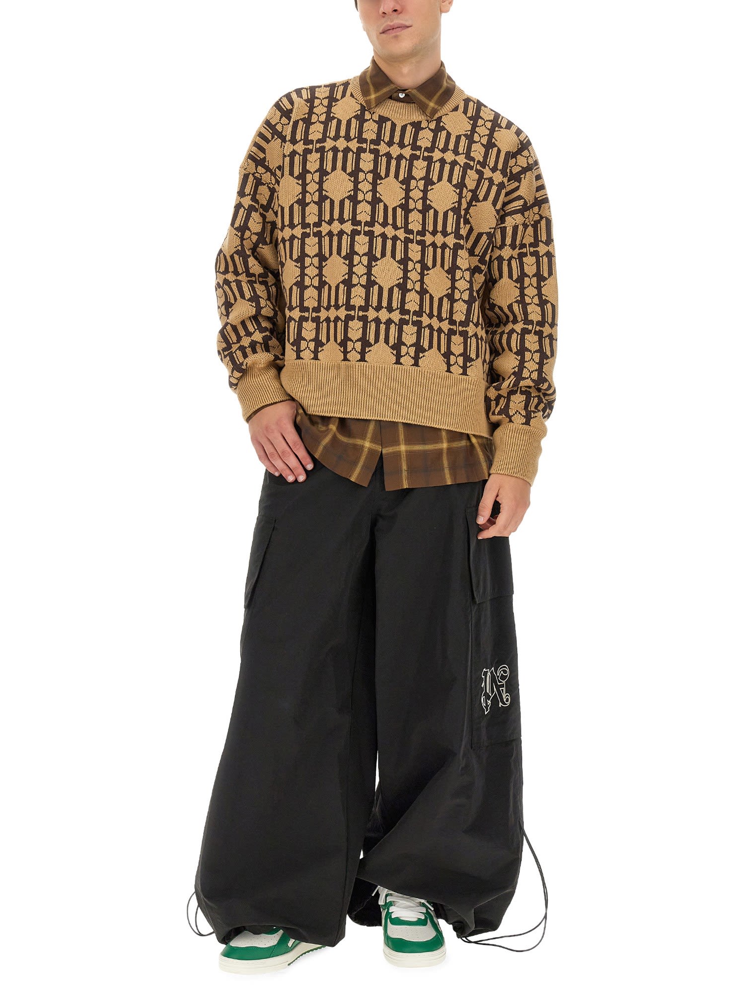 Palm Angels Embroidered Allover Monogram Jacquard Sweater In Beige