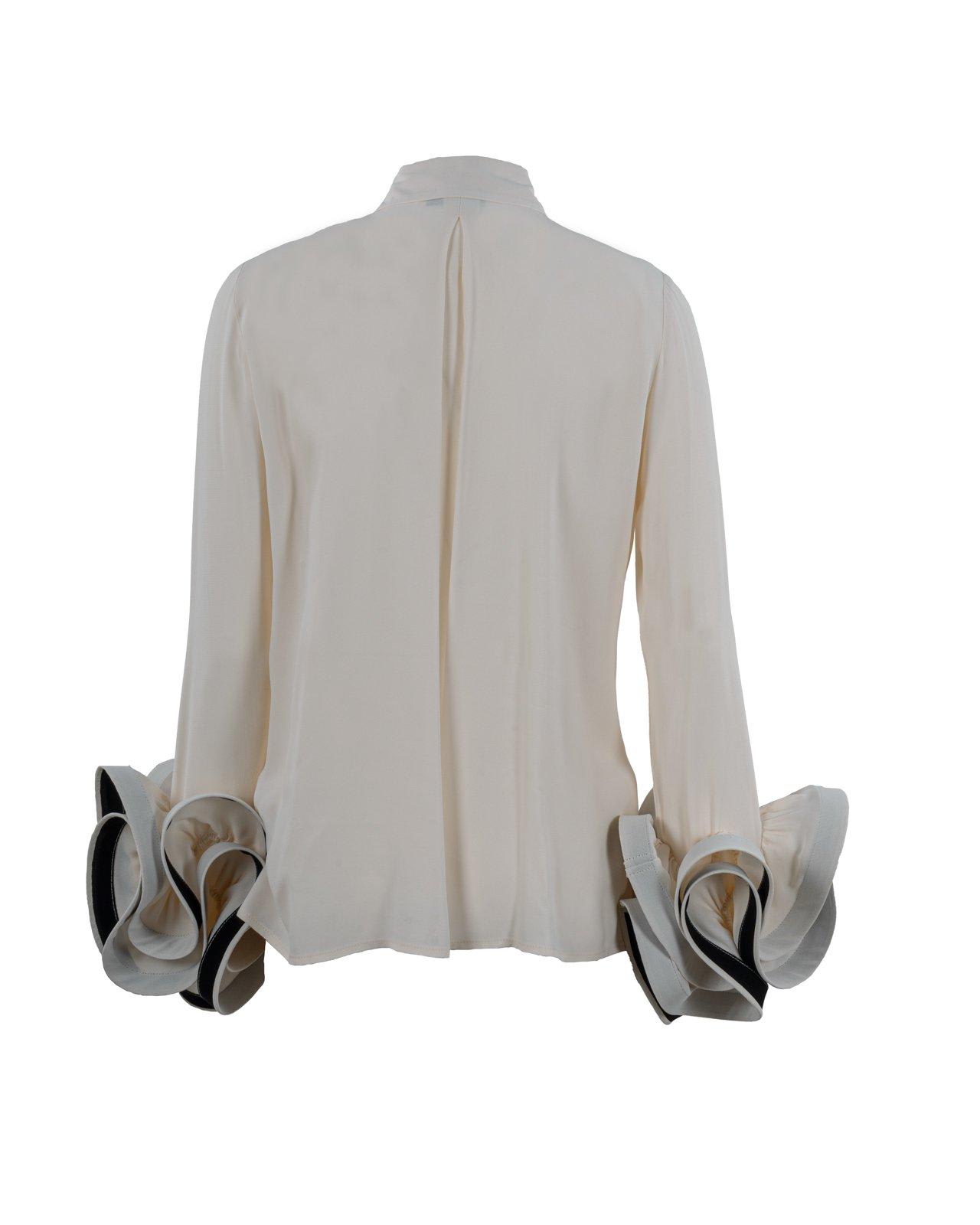 Shop Elisabetta Franchi Ruffled Foulard Scarf Georgette Blouse In Burro