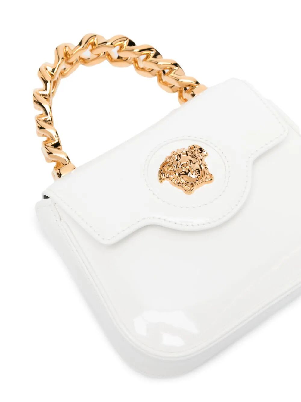 Shop Versace Mini Top Handle Calf Leather In V Optical White  Gold