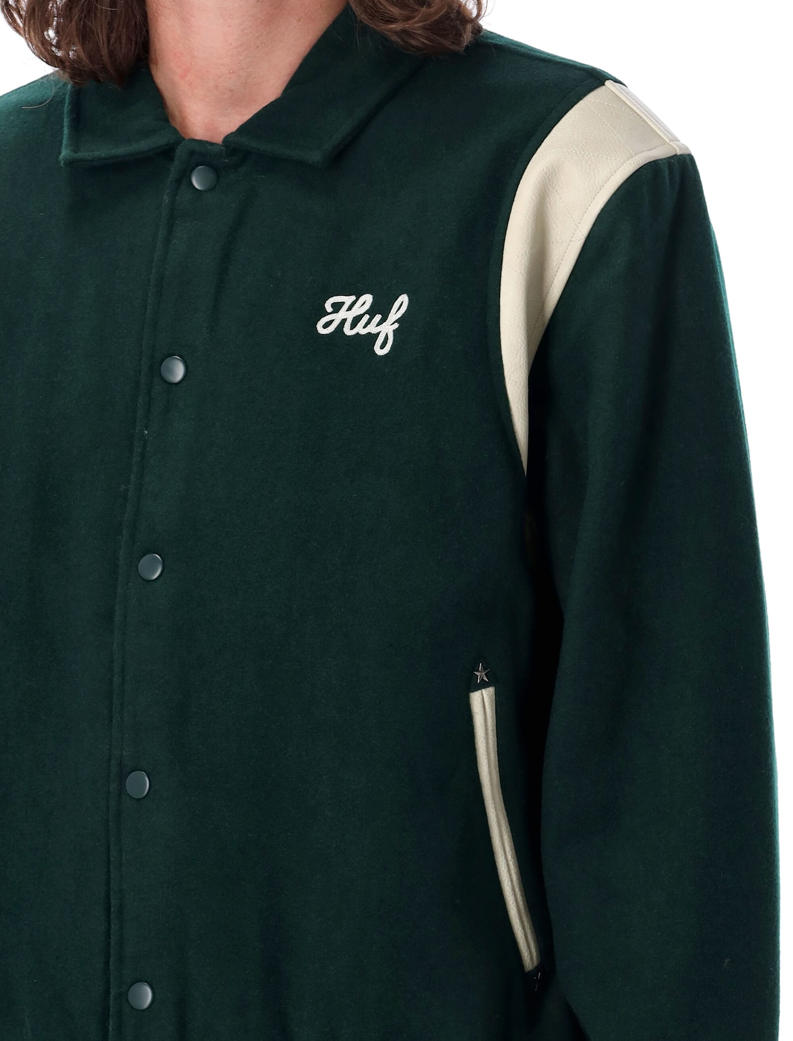 Shop Huf Varsity Jacket In Hunter Green