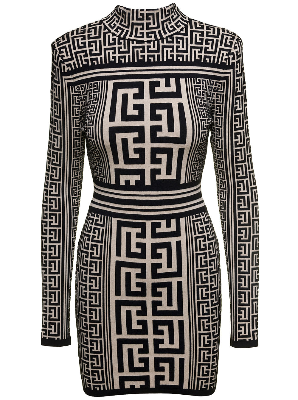 Shop Balmain Two-tone Mini Dress With All-over Monogram Detail In Wool Blend Woman In White