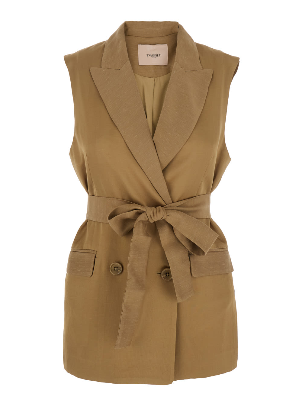 TWINSET BEIGE DOUBLE-BREASTED VEST WITH PEAK REVERS AND ADJUSTABLE BELT IN VISCOSE BLEND WOMAN