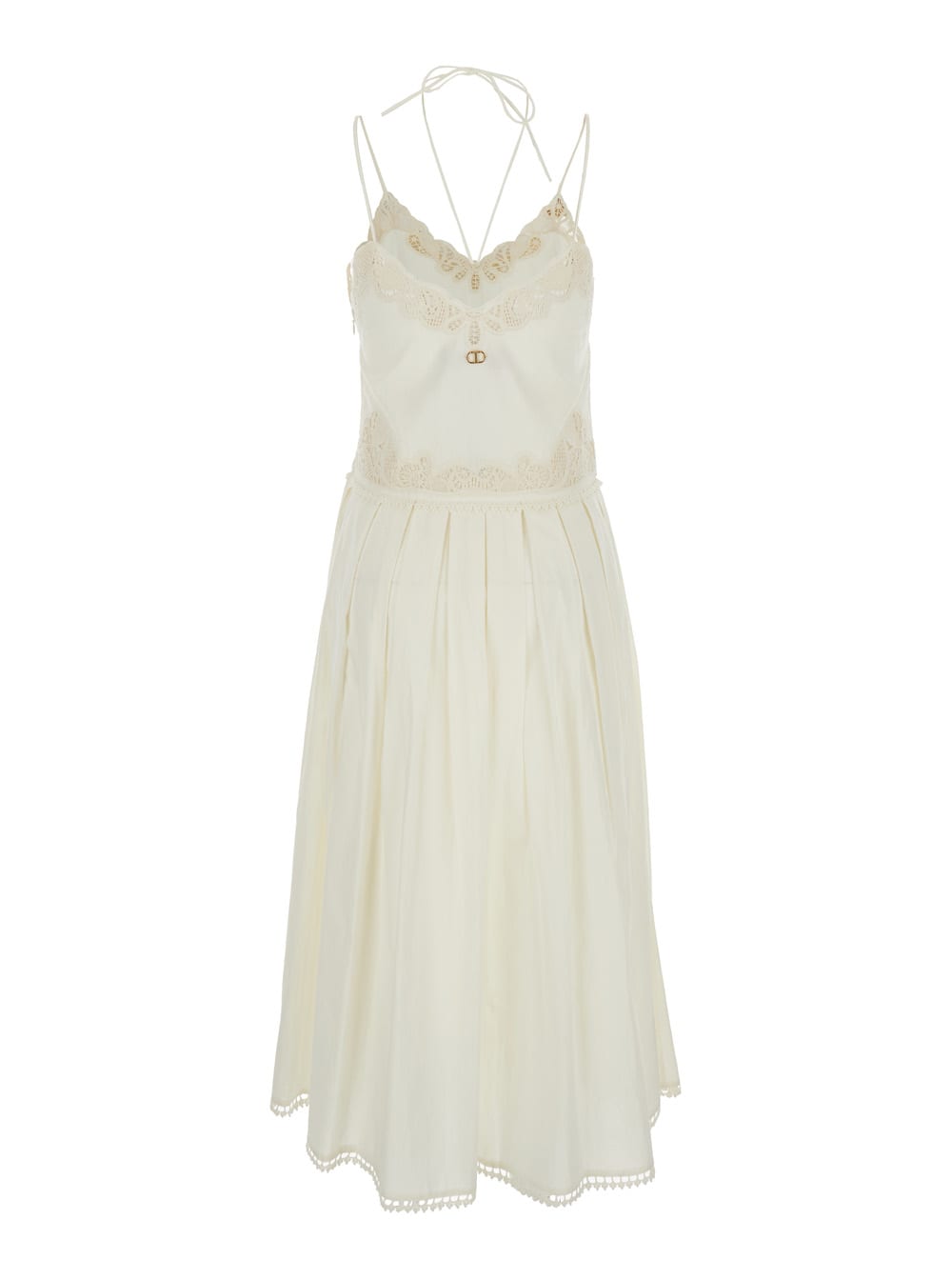 Twinset White Dress With V Neck And All-over Lace Embroidery In Cotton Woman