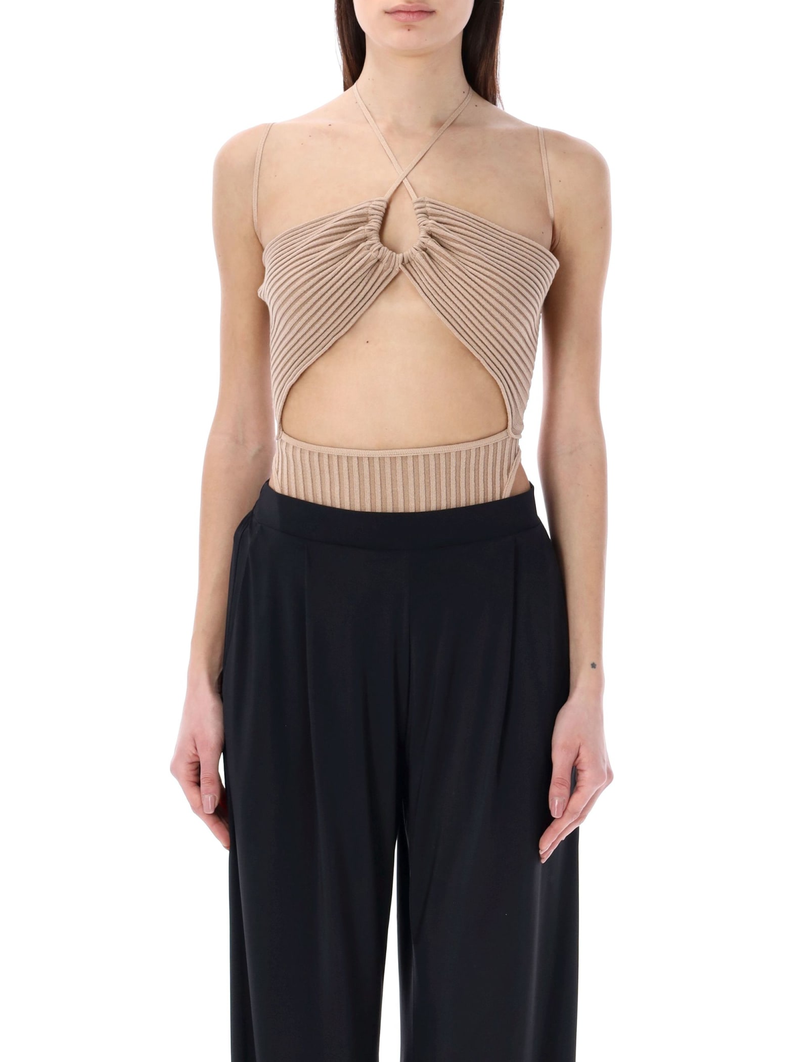 Shop Andreädamo Ribbed Knit Sleeveless Bodysuit With Cut In Nude