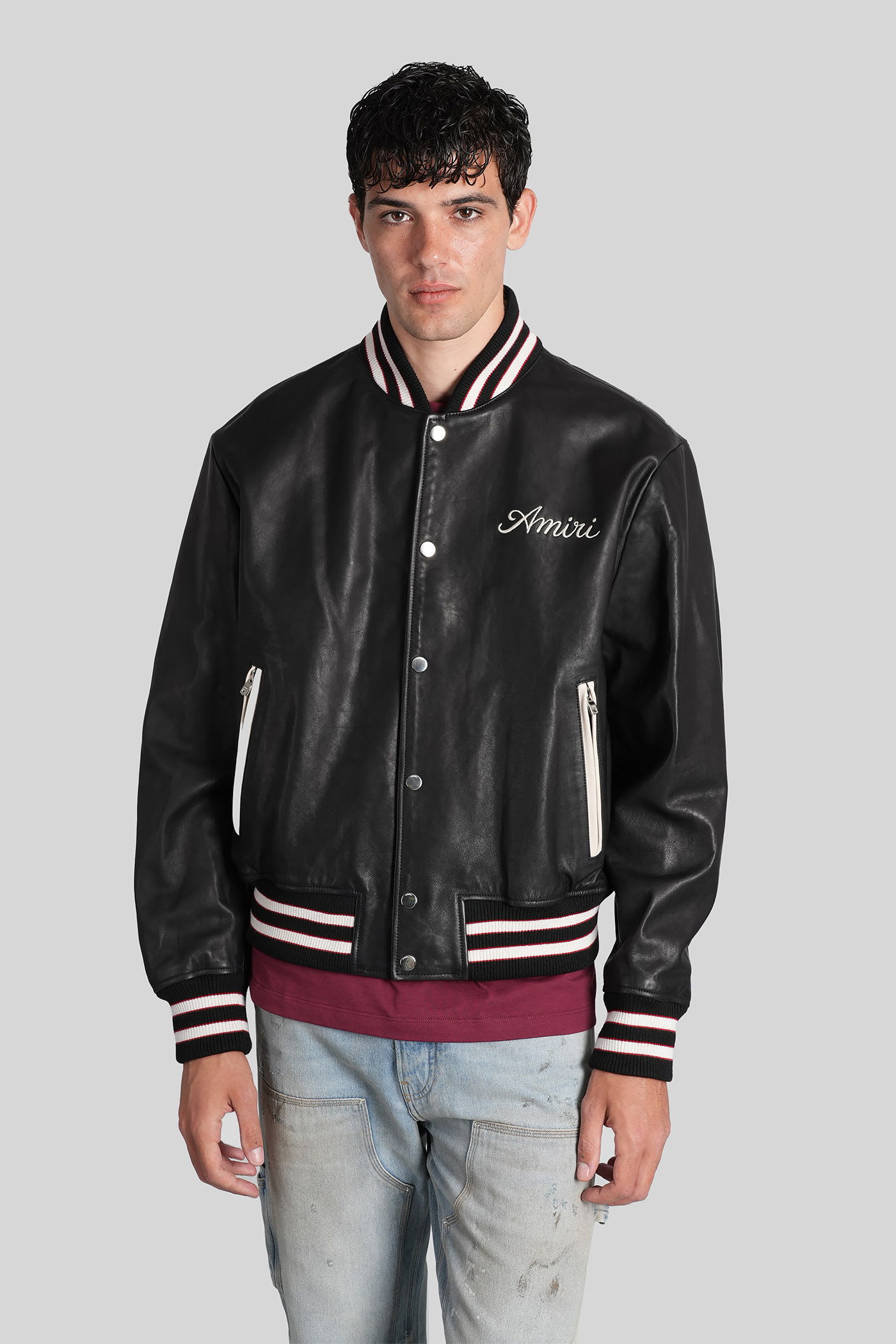 Amiri Leather Jacket With Elasticized Collar And Cuffs In Black