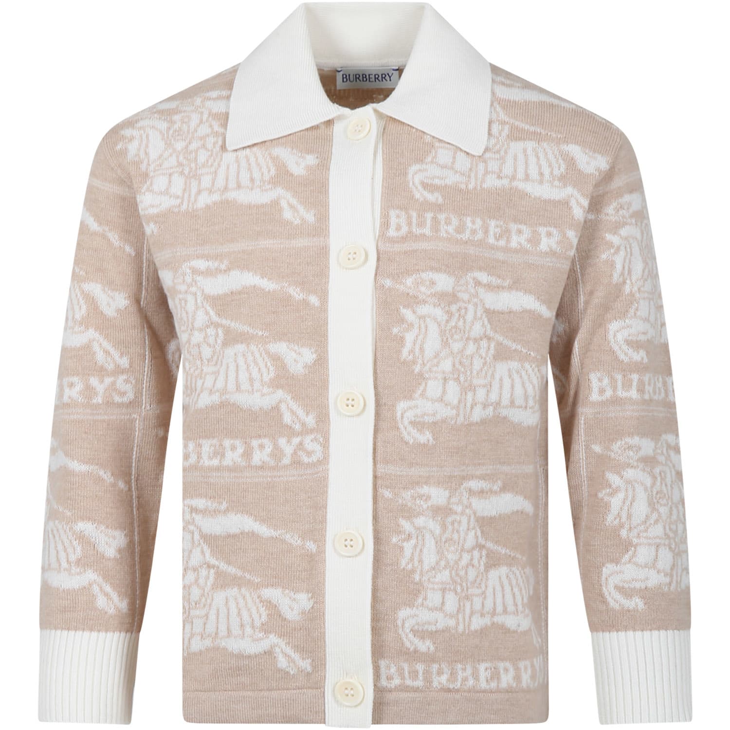 Burberry Kids' Ivory Cardigan For Girl With Iconic All-over Logo