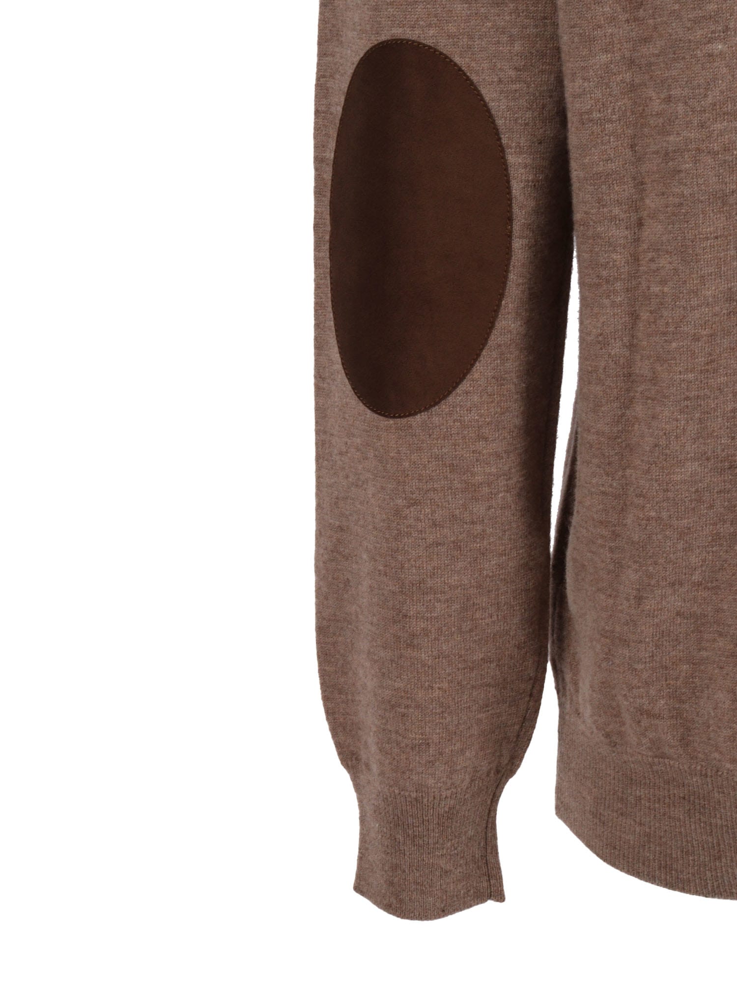 Kangra Cashmere Basic Crew Neck Sweater With Alcantara Patches In Brown
