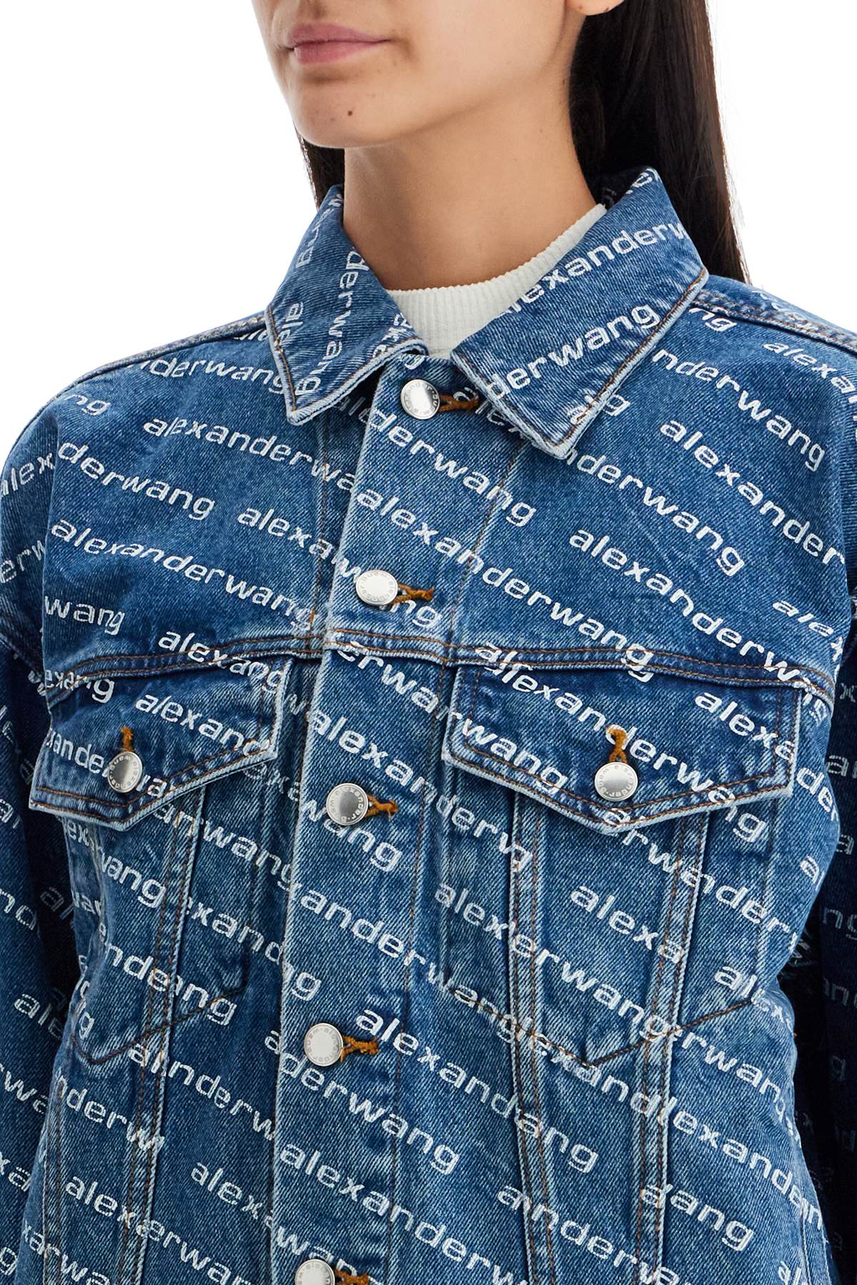 Shop Alexander Wang Denim Logoed Jacket In Deep Blue/white (blue)