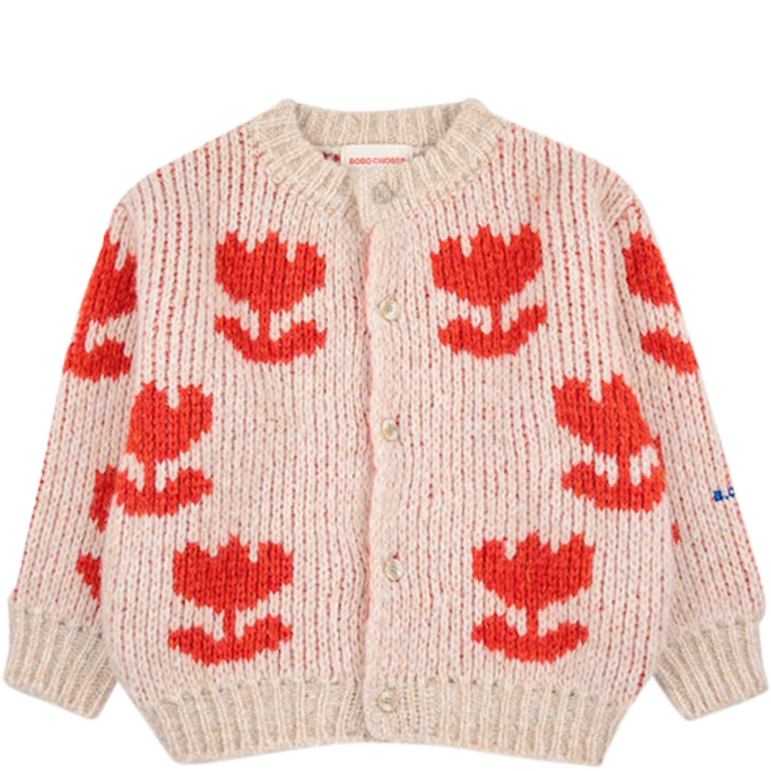 BOBO CHOSES IVORY CARDIGAN FOR GIRL WITH FLOWERS AND LOGO