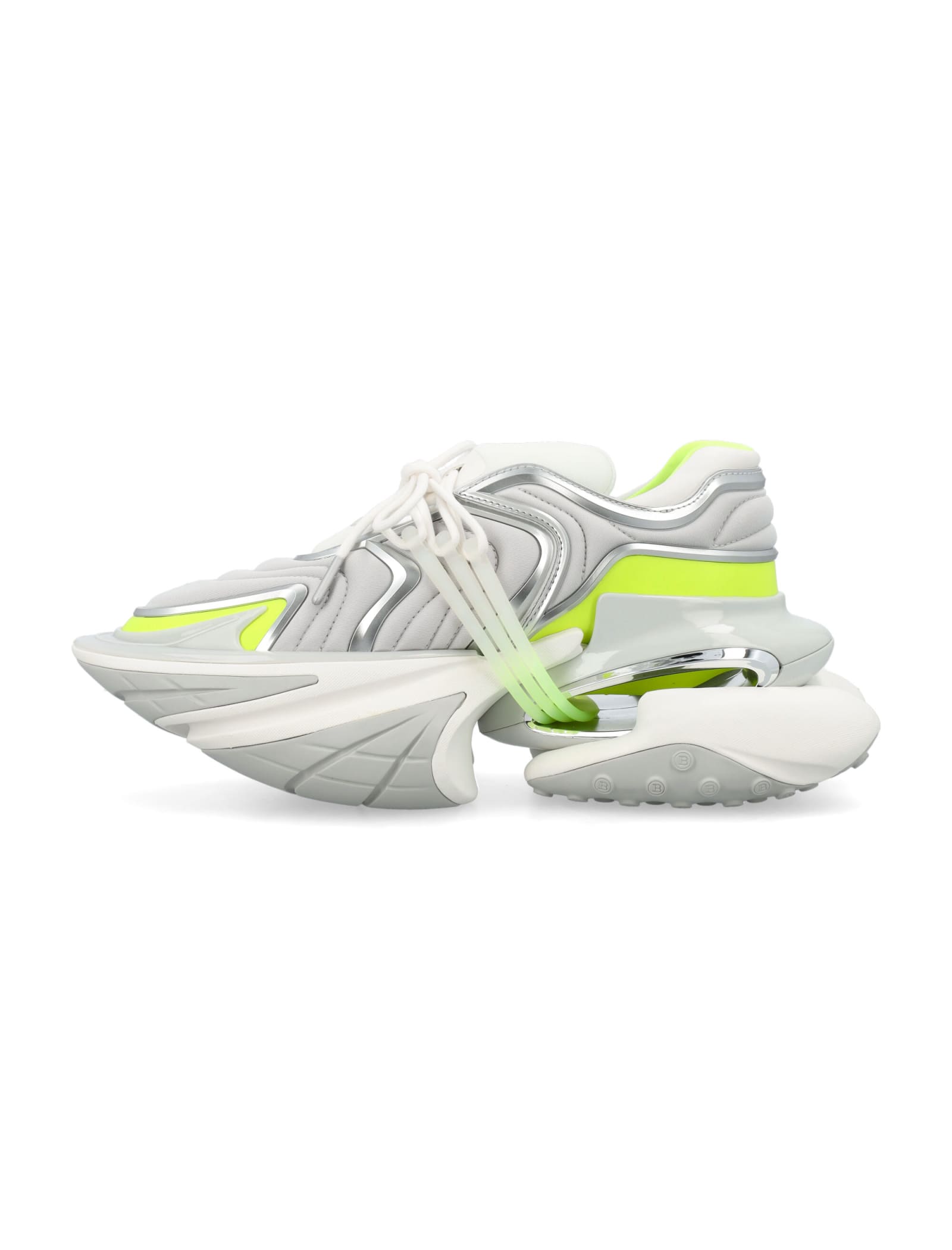 Balmain 'unicorn' White Low Top Sneakers In Grey Fluo Green