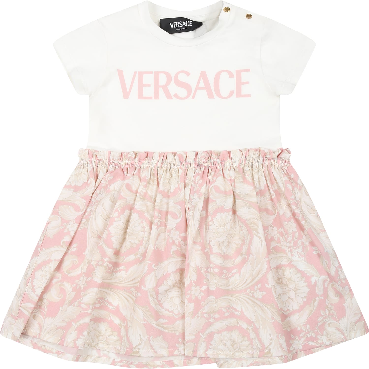 Versace Pink Dress For Baby Girl With Logo And Baroque Print In Neutral