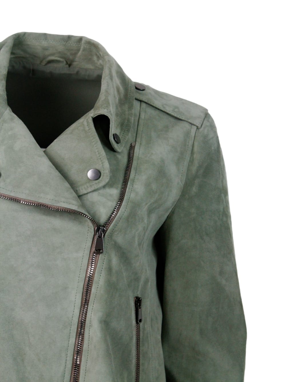 Shop Brunello Cucinelli Biker Jacket In Precious And Soft Suede With Rows Of Brilliant Monili Behind The Neck In Green