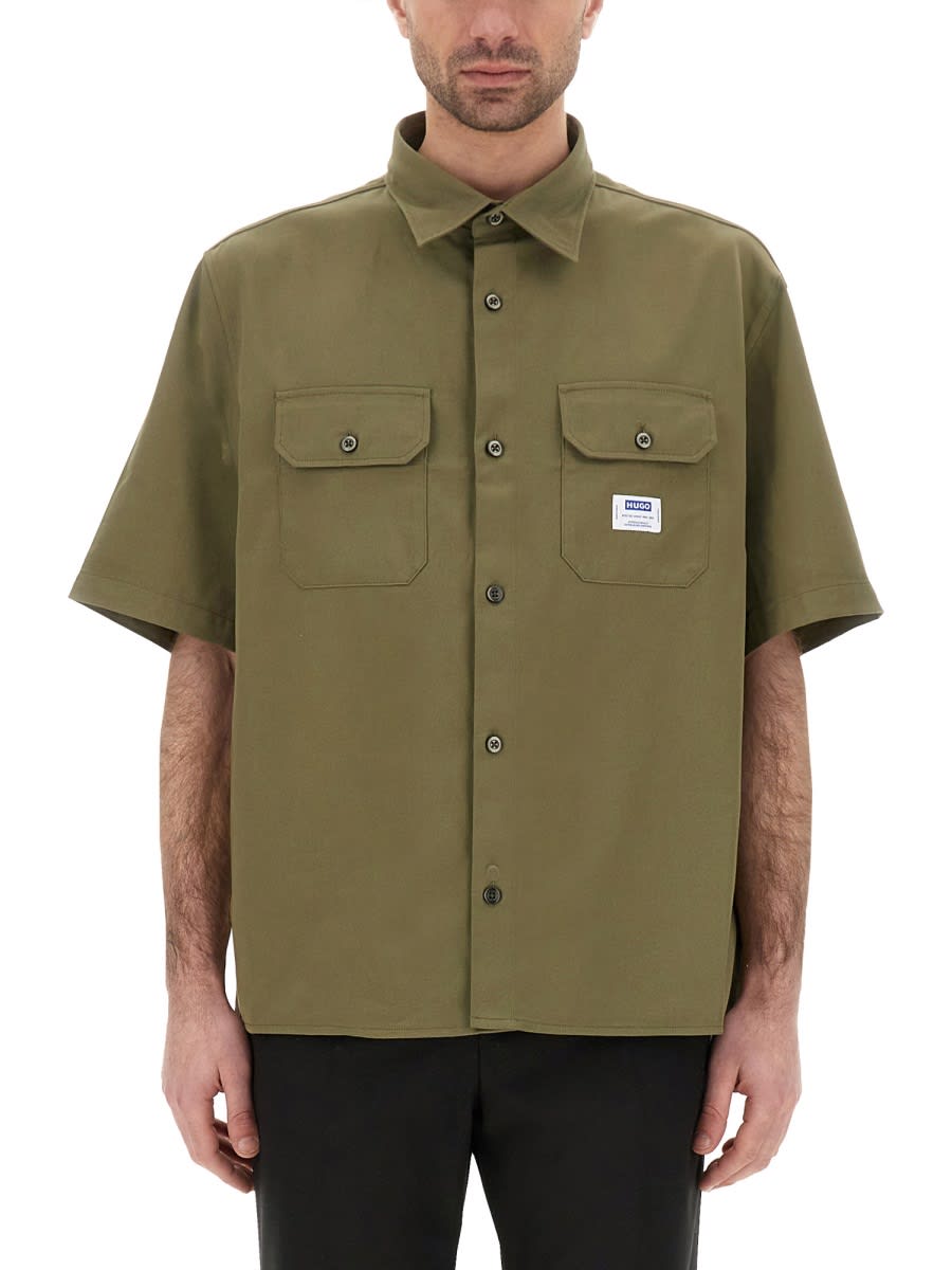 Hugo Boss Loose-fit Shirt In Cotton Twill With Logo Patch In Green