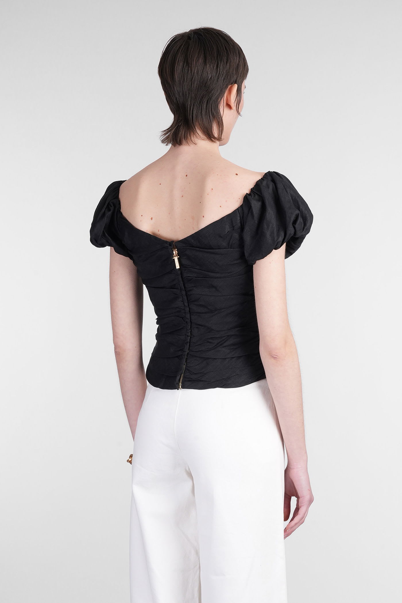Cult Gaia Helene Ruched Linen-blend Off-the-shoulder Top
