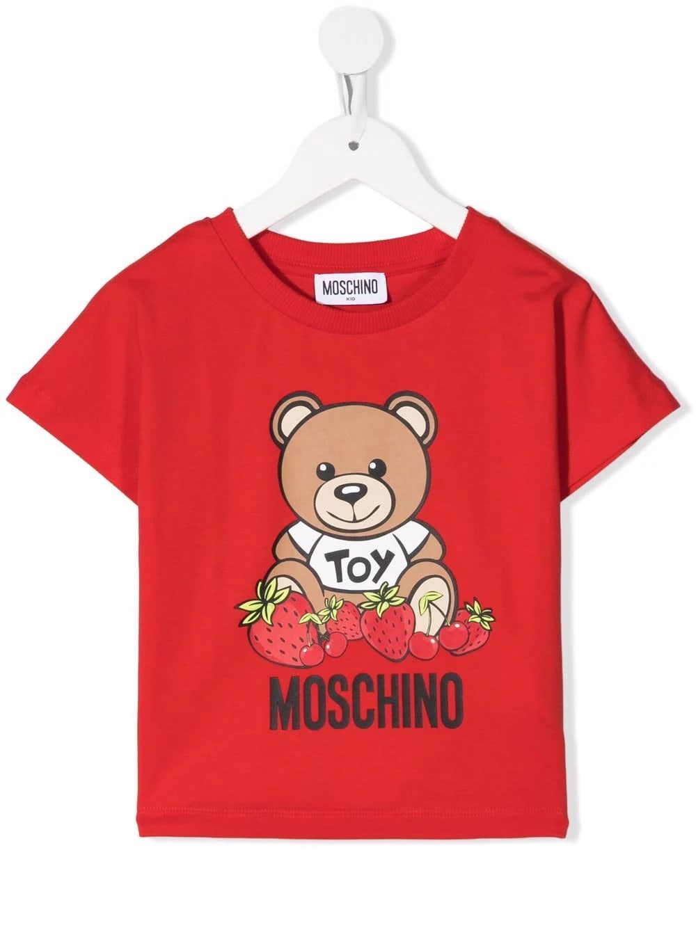 MOSCHINO KIDS RED T-SHIRT WITH STRAWBERRY TEDDY BEAR PRINT