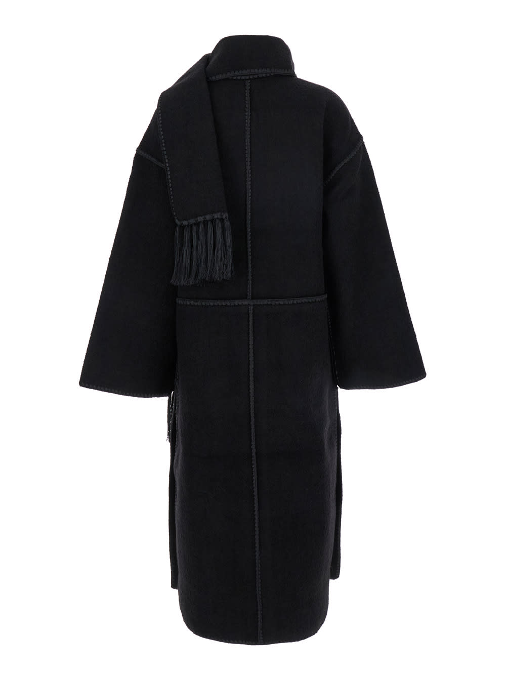 Totême Black Coat With Scarf And Embroidered Details In Wool Blend Woman