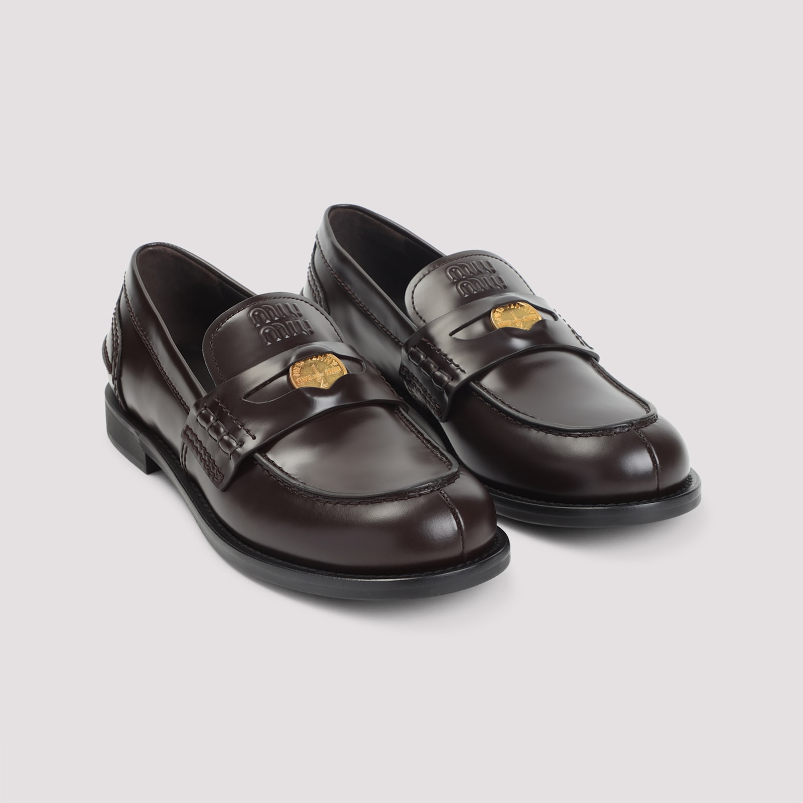 Miu Miu Brown Leather Loafers In Brown