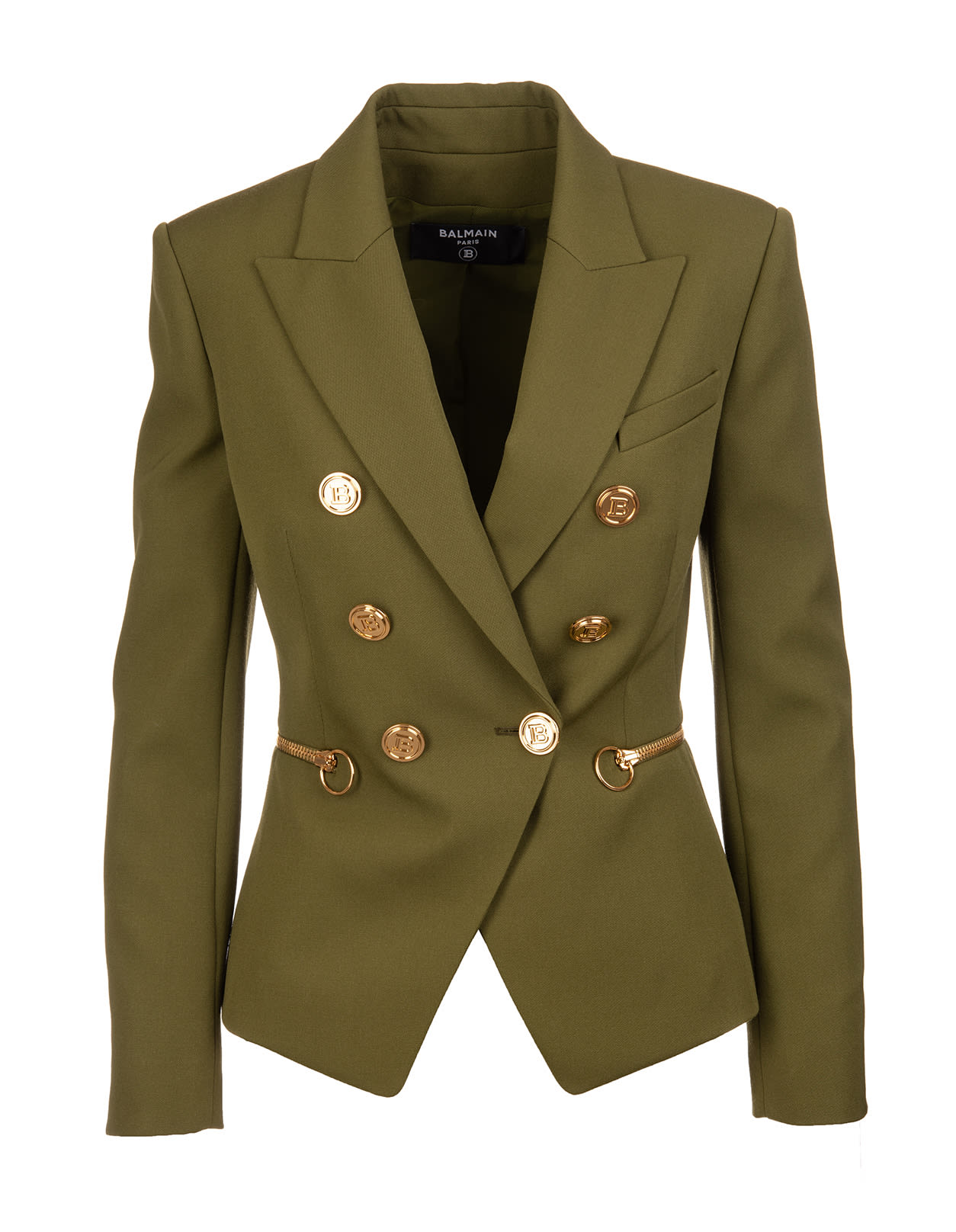 Balmain Woman Double-breasted Olive Green Wool Blazer With Zip And Buttons