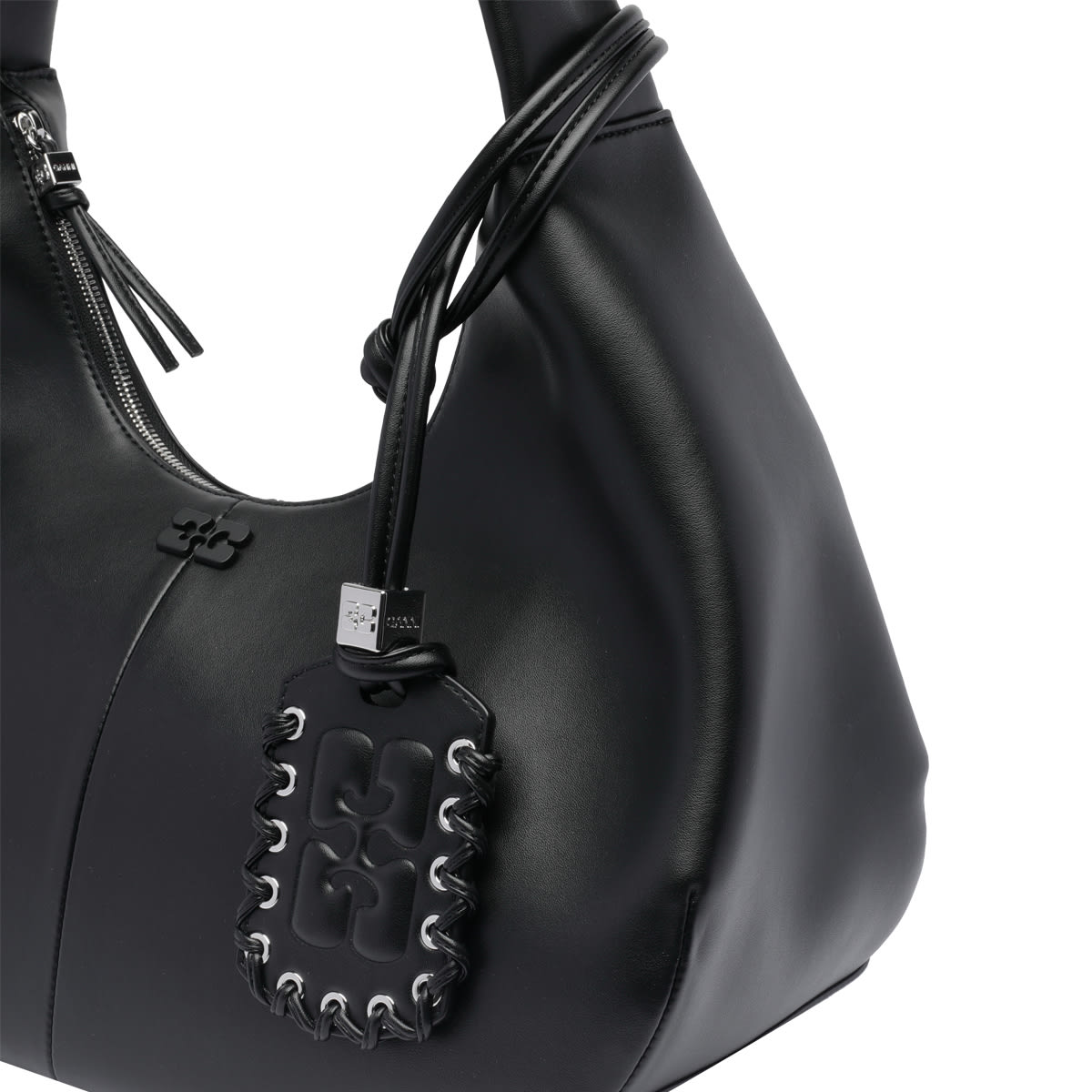Ganni Bou Bag Hobo Medium Black Shoulder Bag With Shoulder Strap And Removable Logo Patch In Leather Woman In Nero