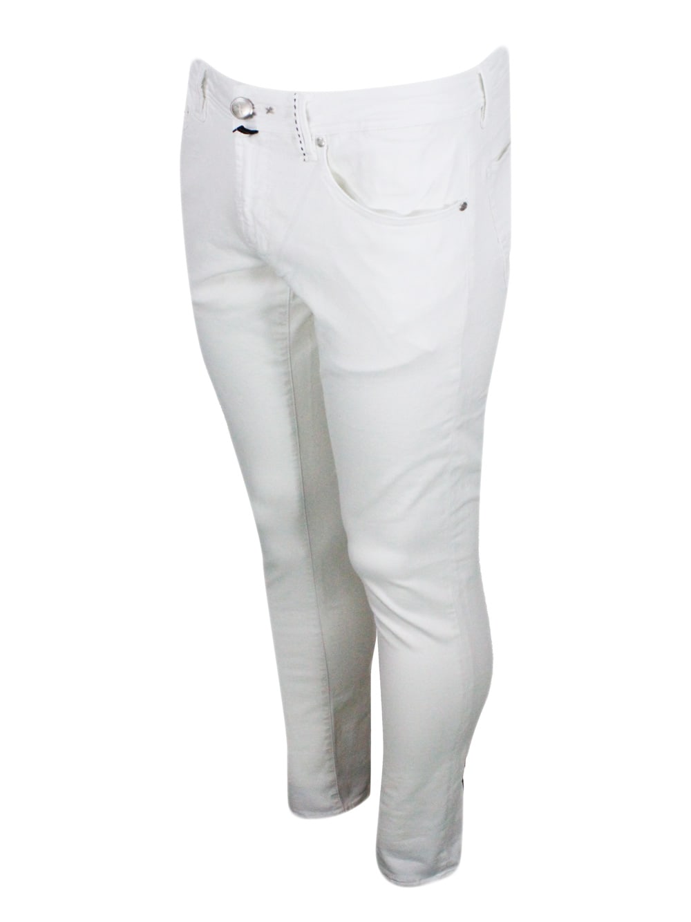Shop Sartoria Tramarossa Leonardo Slim Zip Trousers In Soft Cotton With 5 Pockets With Tailored Stitching And Suede Tab. Zip  In White
