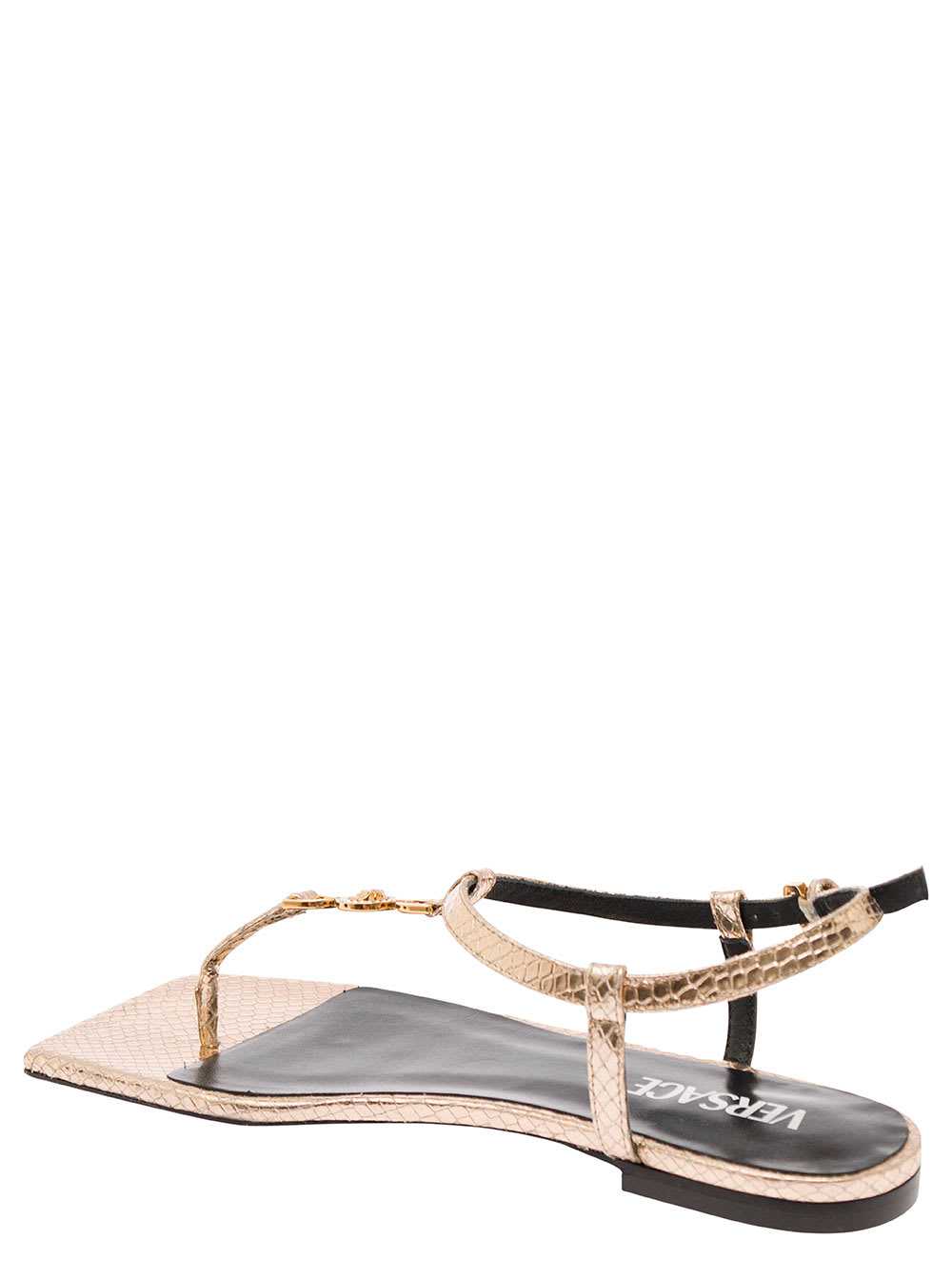 Shop Versace Medusa 95 Gold-colored Low Sandals With Logo Detail In Snake-printed Leather Woman In Metallic