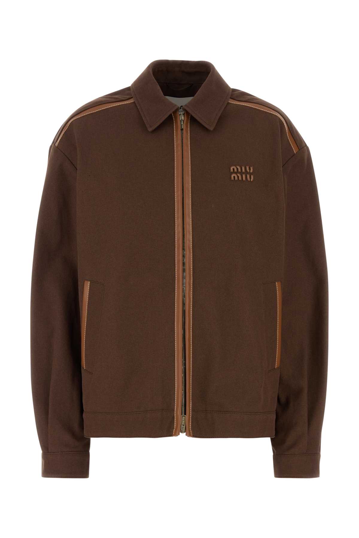 Miu Miu Cotton Jacket With Front Pockets And Contrast Piping In Brown