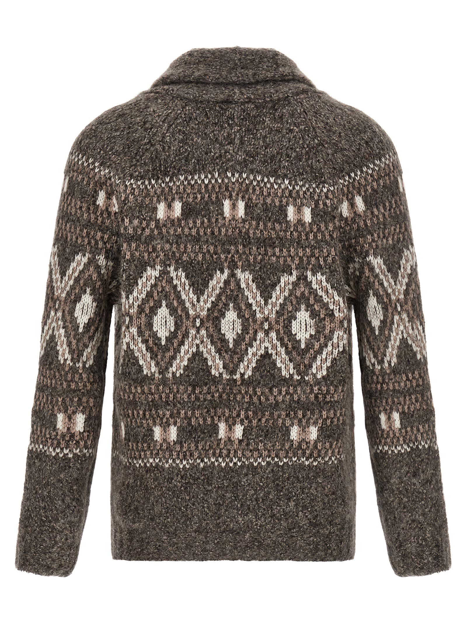 Brunello Cucinelli Wool Cardigan V-neck Geometric Pattern In Brown