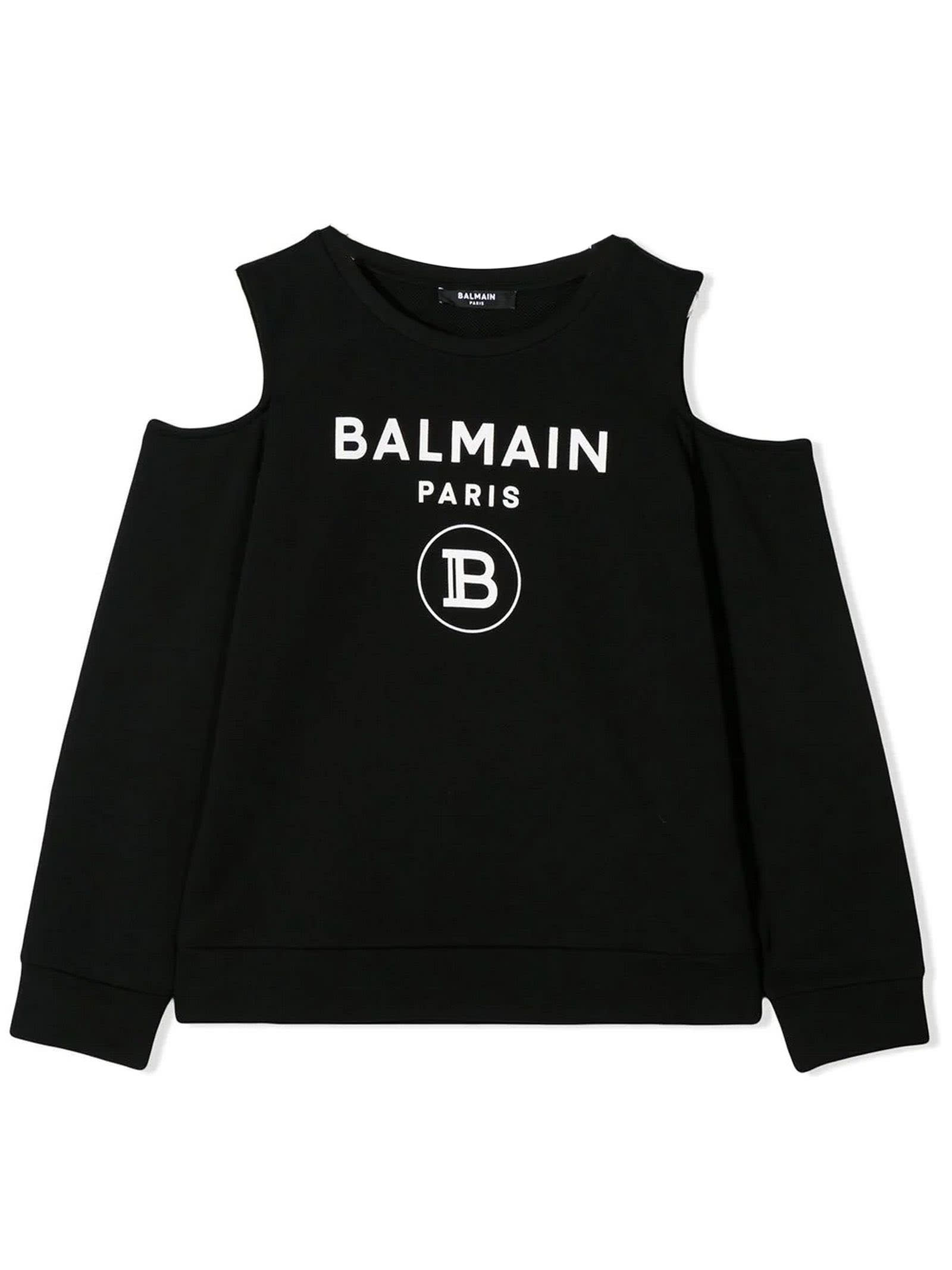 Shop Balmain Black Cotton Logo-print Cut Out Top In Nero