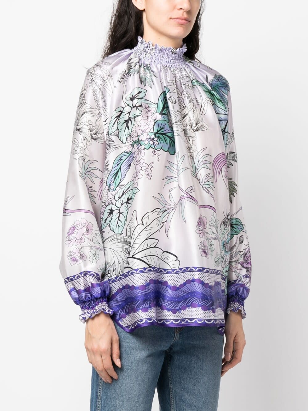 F.r.s For Restless Sleepers Light Purple High Neck Printed Silk Blouse