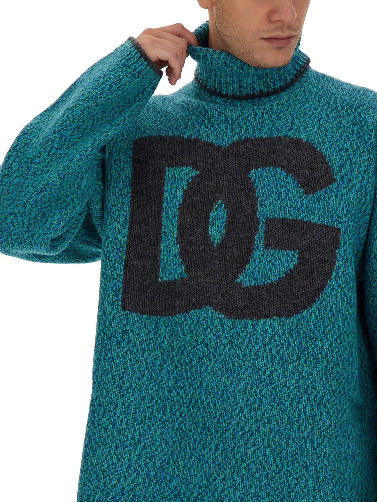 Dolce & Gabbana Intarsia Knit Dg Logo High-neck Sweater In Green