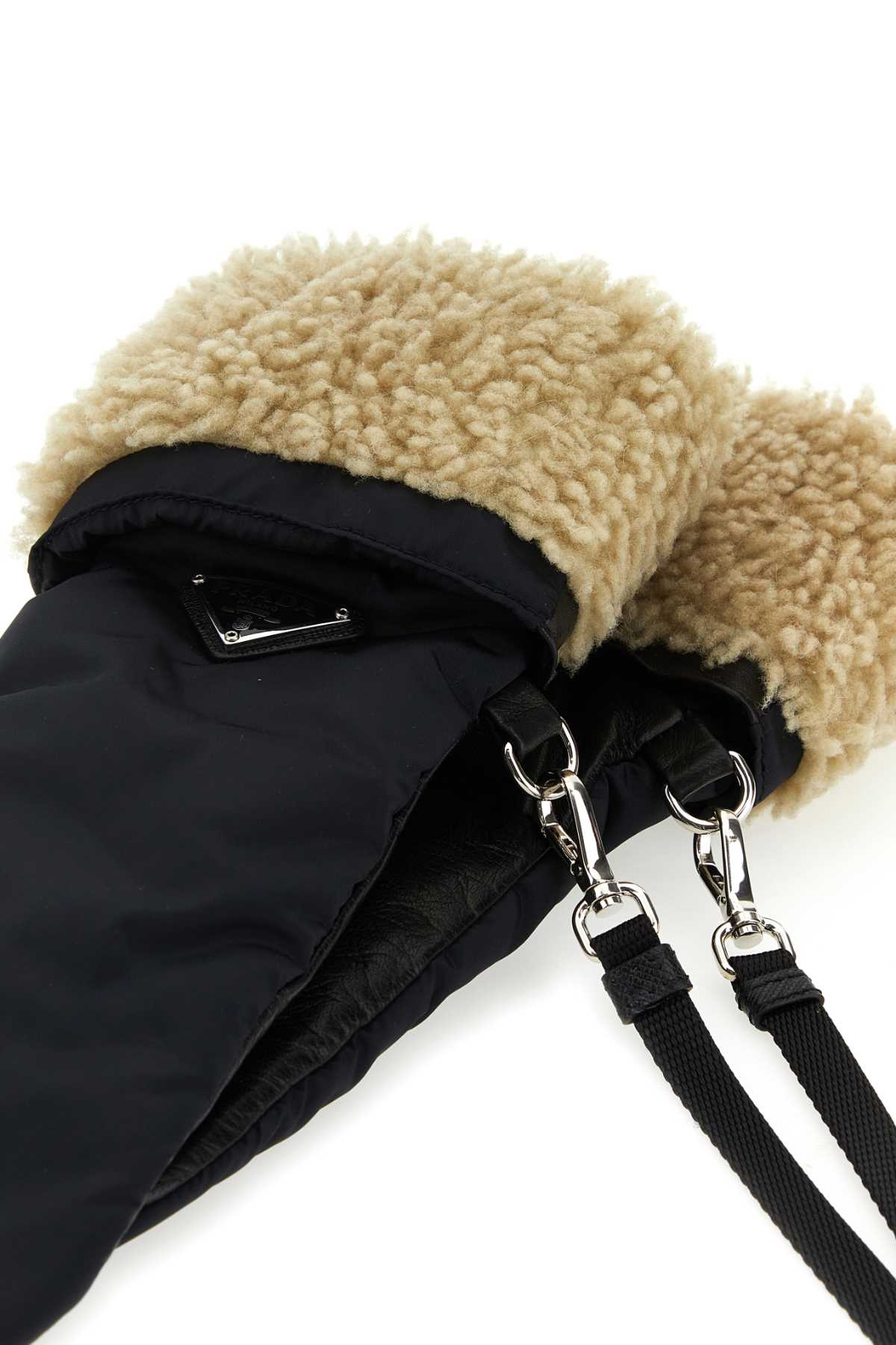 Prada Black Nylon And Nappa Leather Gloves In Nerocorda