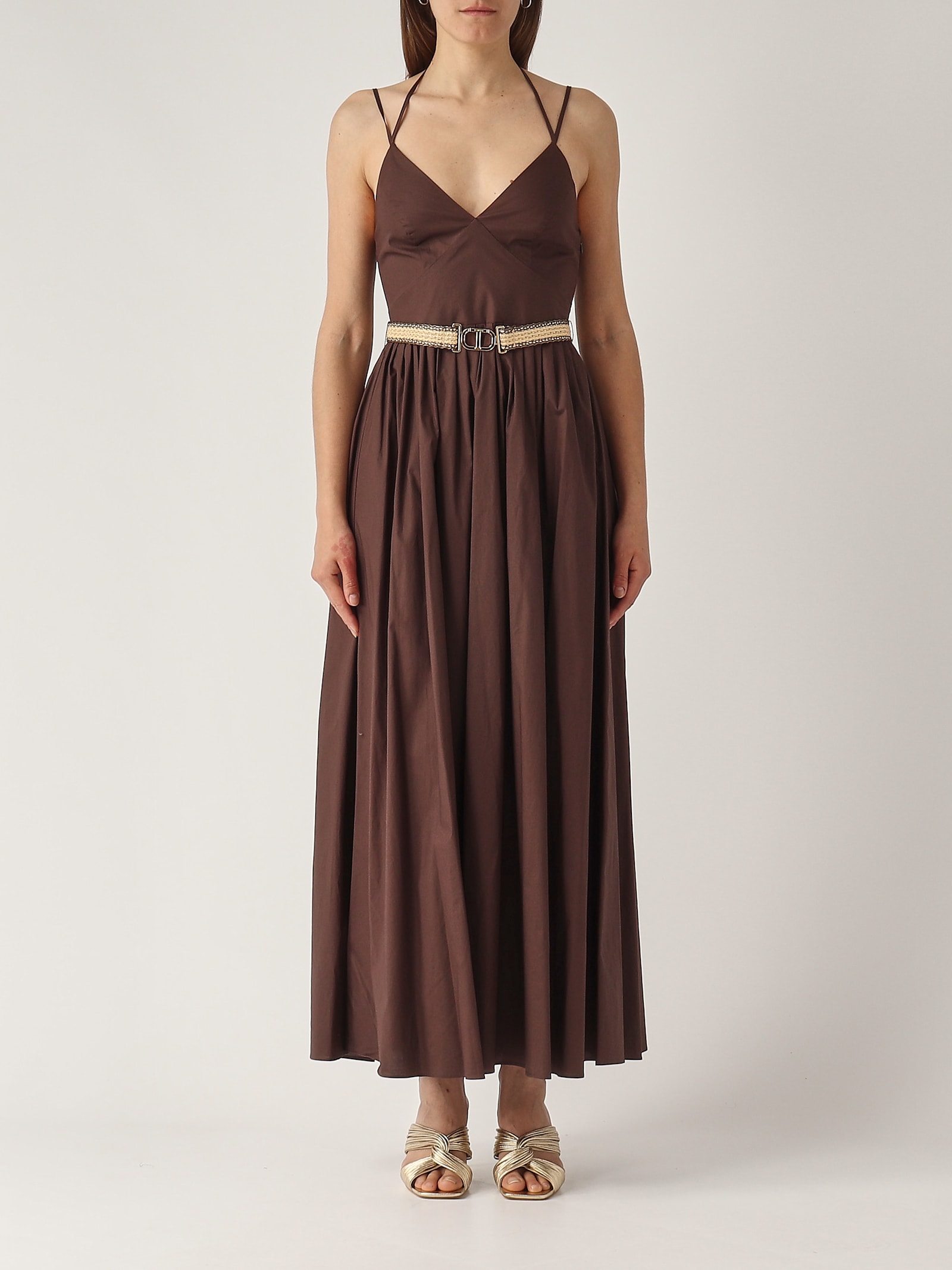 Twinset Coffee Brown Cotton Blended Long Dress With Belt Waist In Caffe