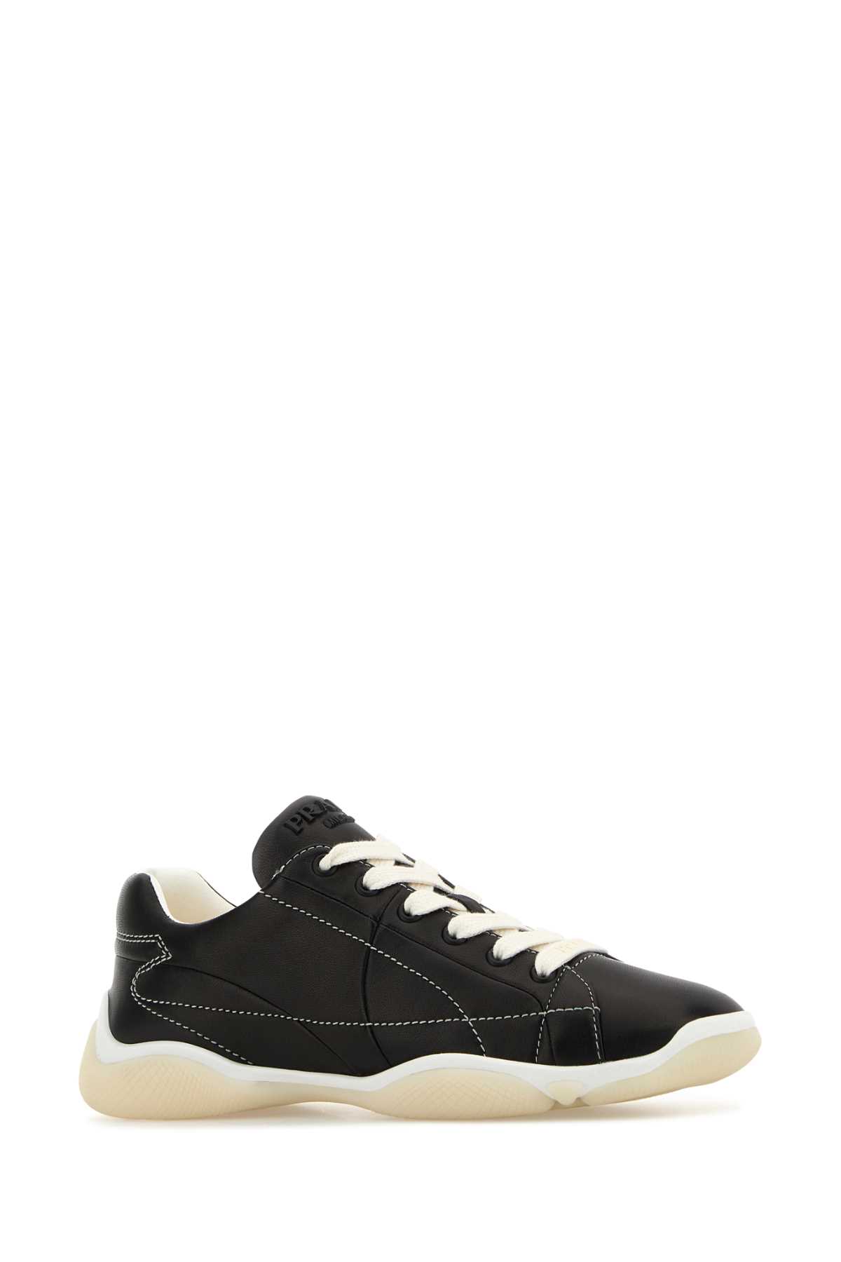 Prada Handcrafted Leather Sneakers Geometric Stitching In Black