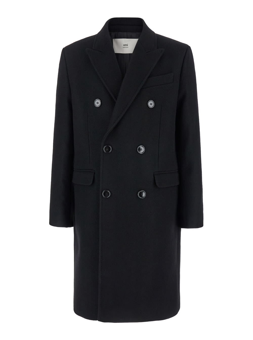 Shop Ami Alexandre Mattiussi Black Double-breasted Coat With Peak Revers In Wool Man In 001 Black