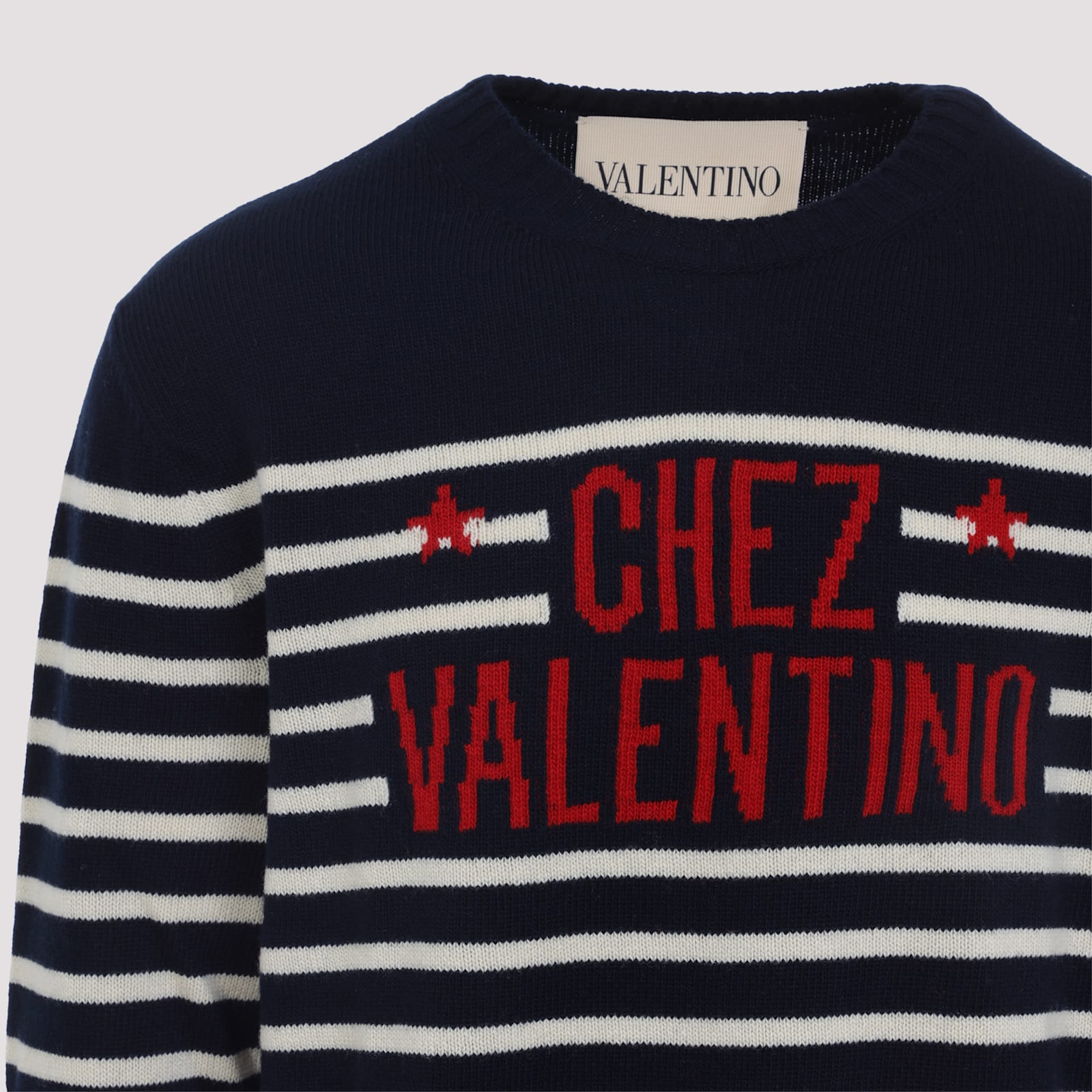 Valentino Garavani Crewneck Sweater With Bold Jacquard Motif In Blue