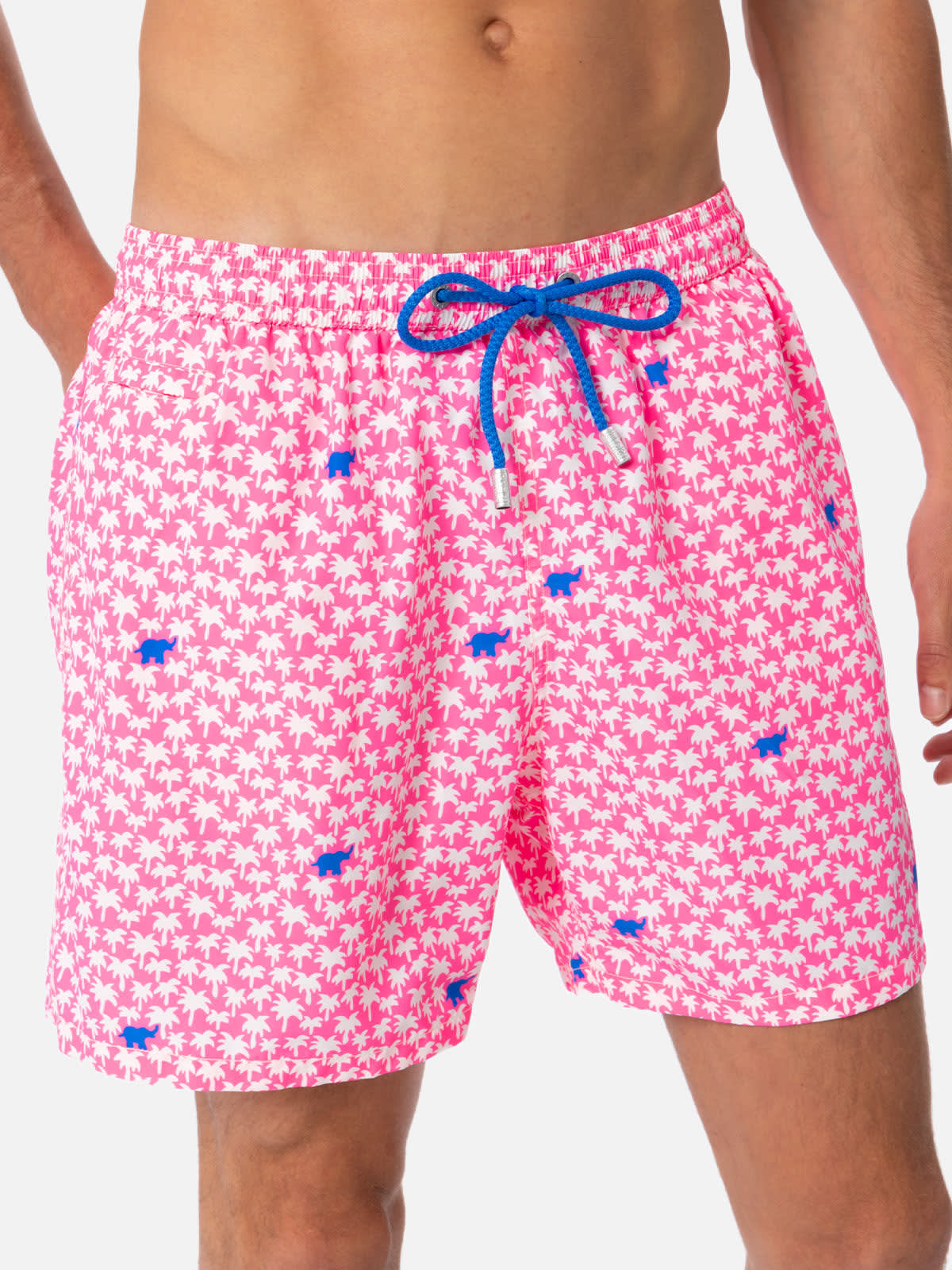 Mc2 Saint Barth Man Lightweight Fabric Swim-shorts Lighting Micro Fantasy With Palms Print In Pink