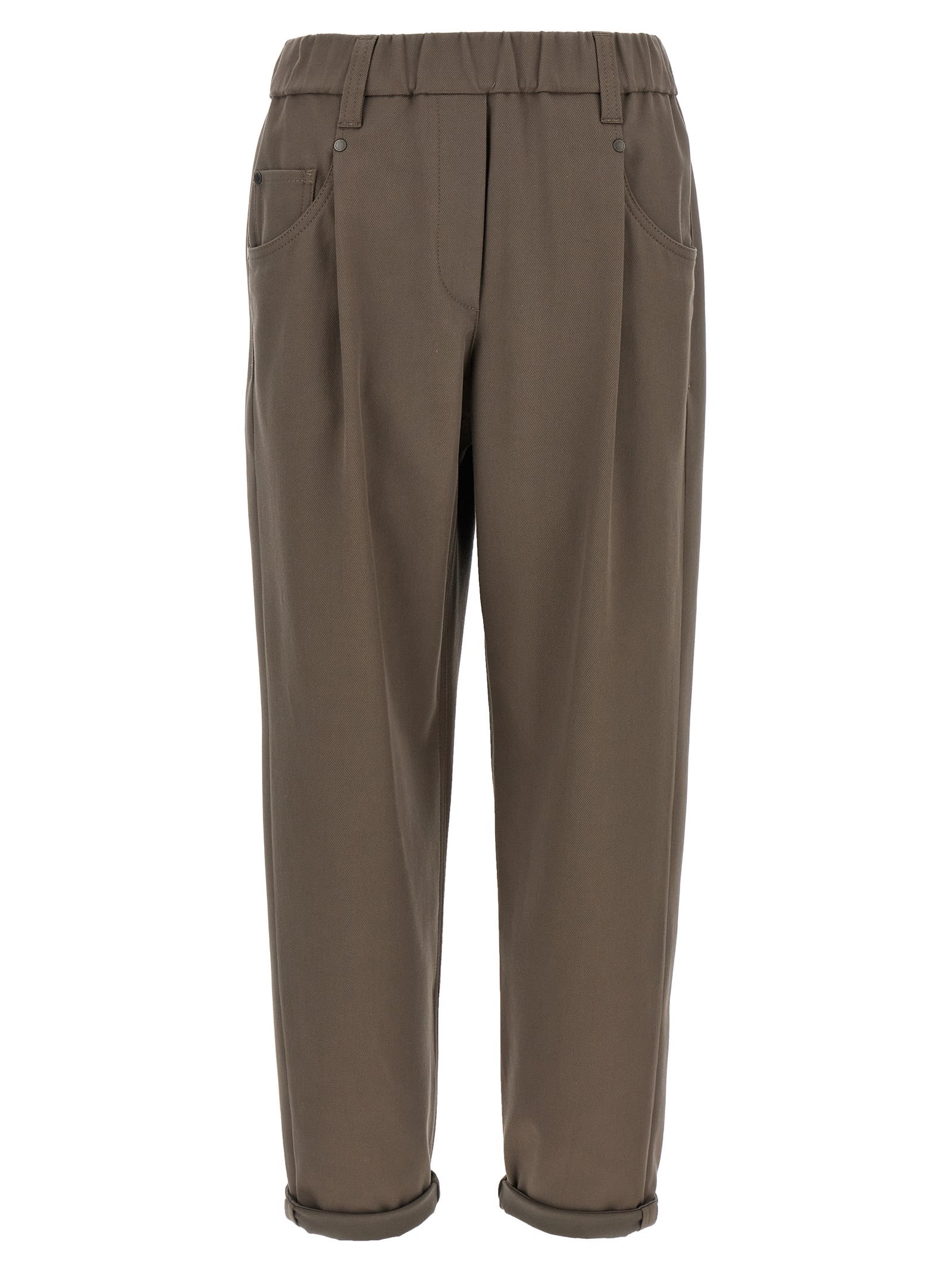 Brunello Cucinelli Elastic Waistband Trousers With Pockets And Loops In Brown