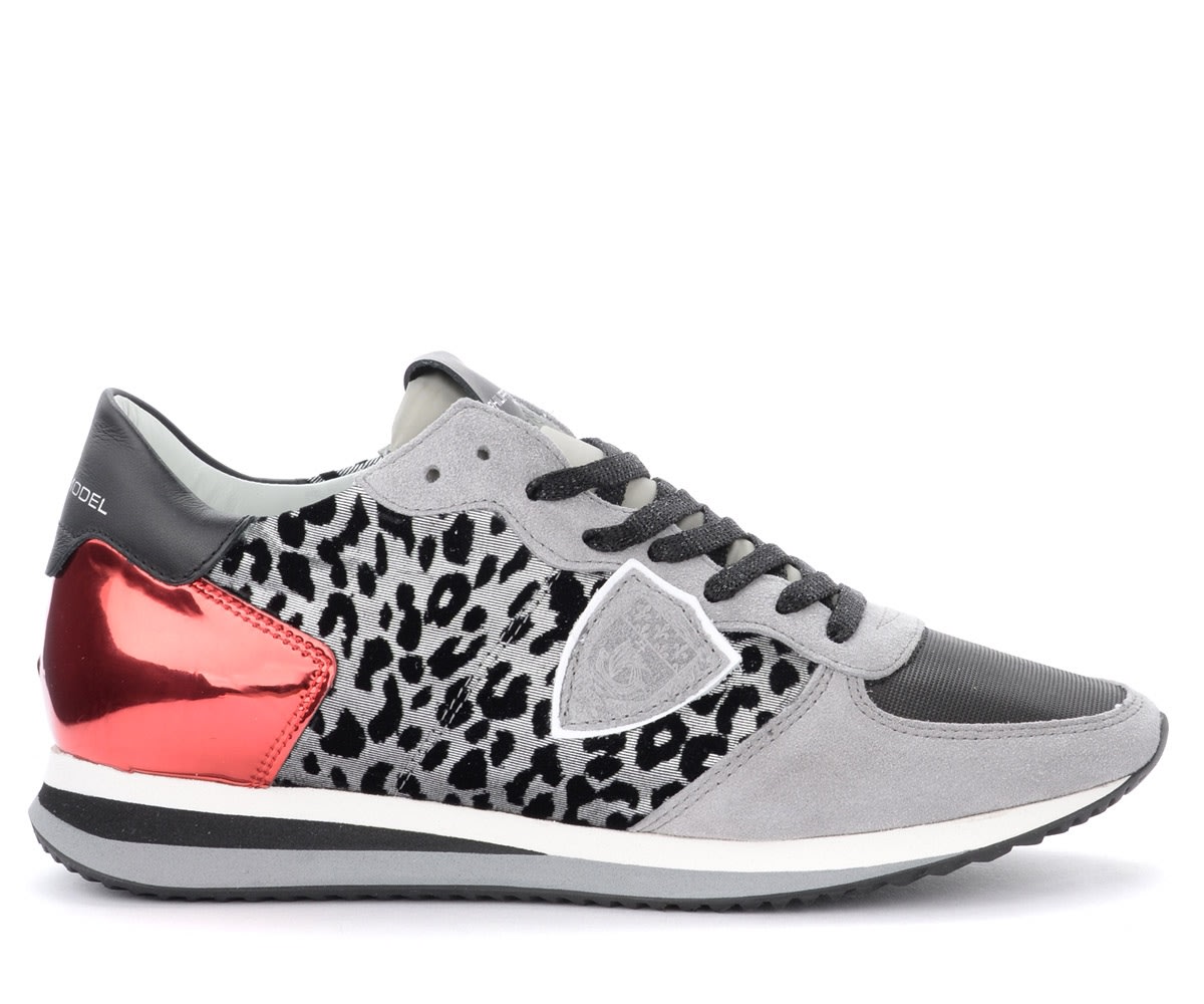Philippe Model Tropez X Sneaker In Suede And Gray Fabric And Spotted Details