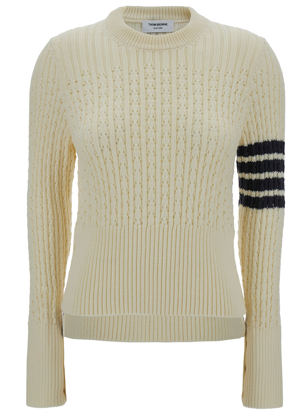 THOM BROWNE BEIGE KNIT PULLOVER WITH 4 BAR DETAIL IN WOOL WOMAN