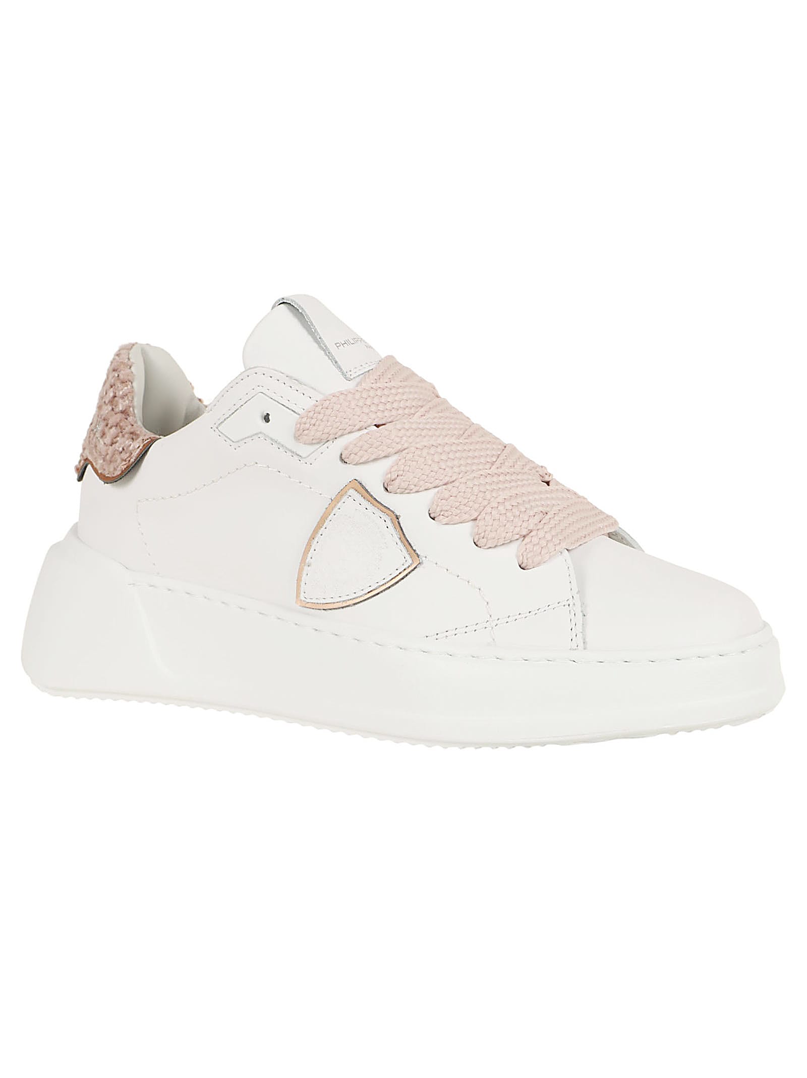 Shop Philippe Model Tres Temple Low Woman In Veau Chenille Blanc Rose