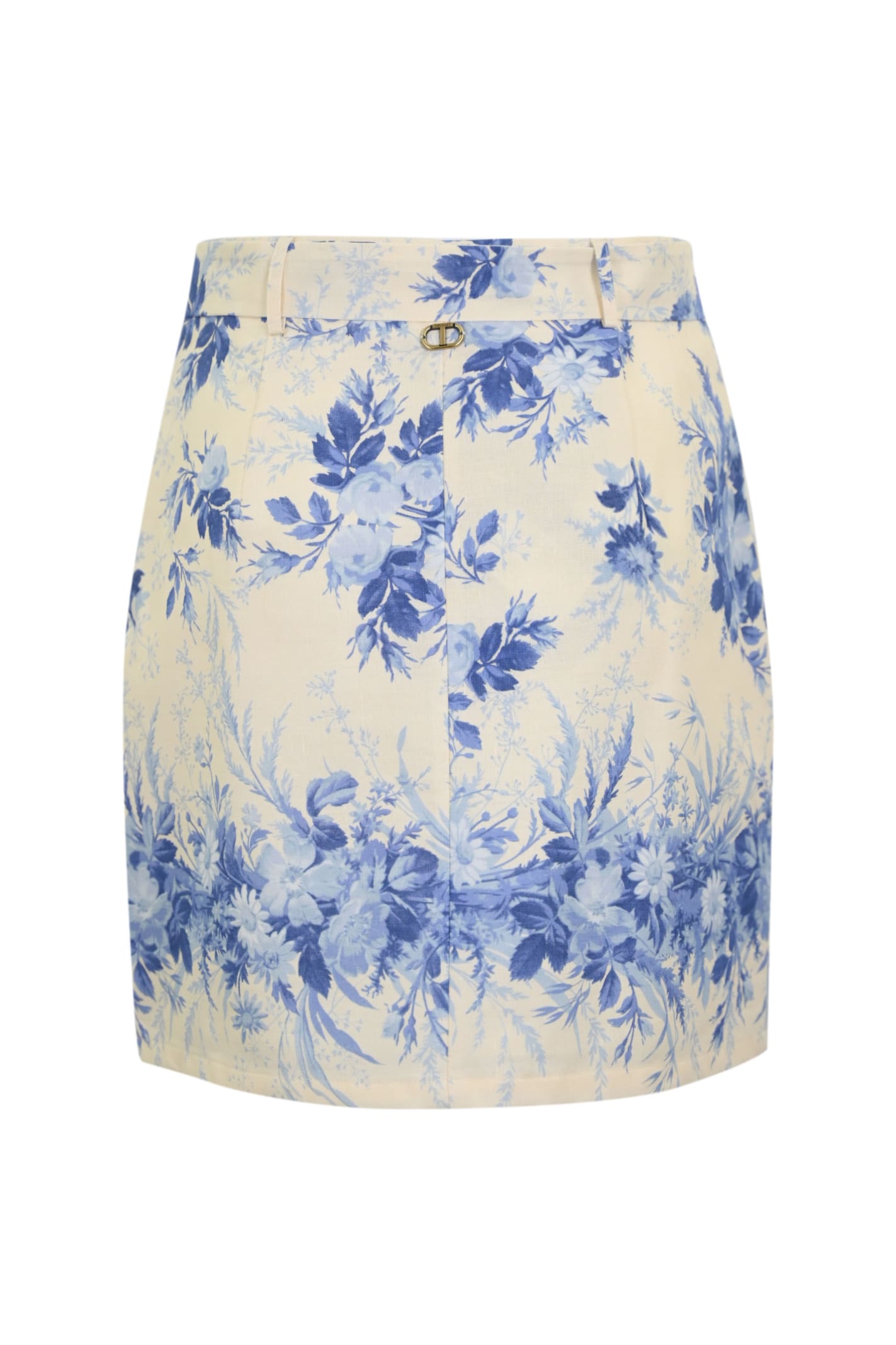 Shop Twinset Linen Skirt With Print In Neutrals/blue
