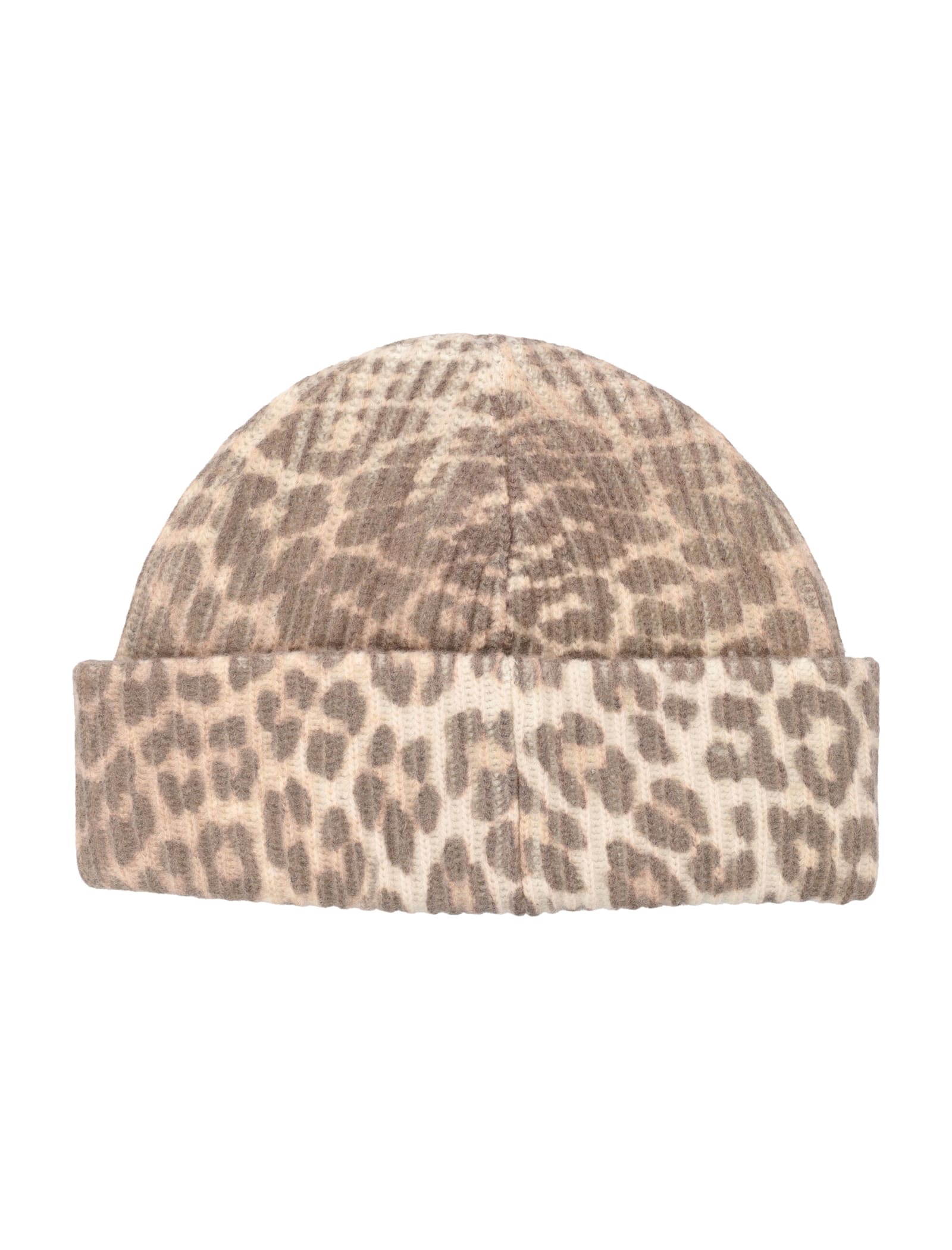 Ganni Leopard Ribbed Knit Beanie In Brown