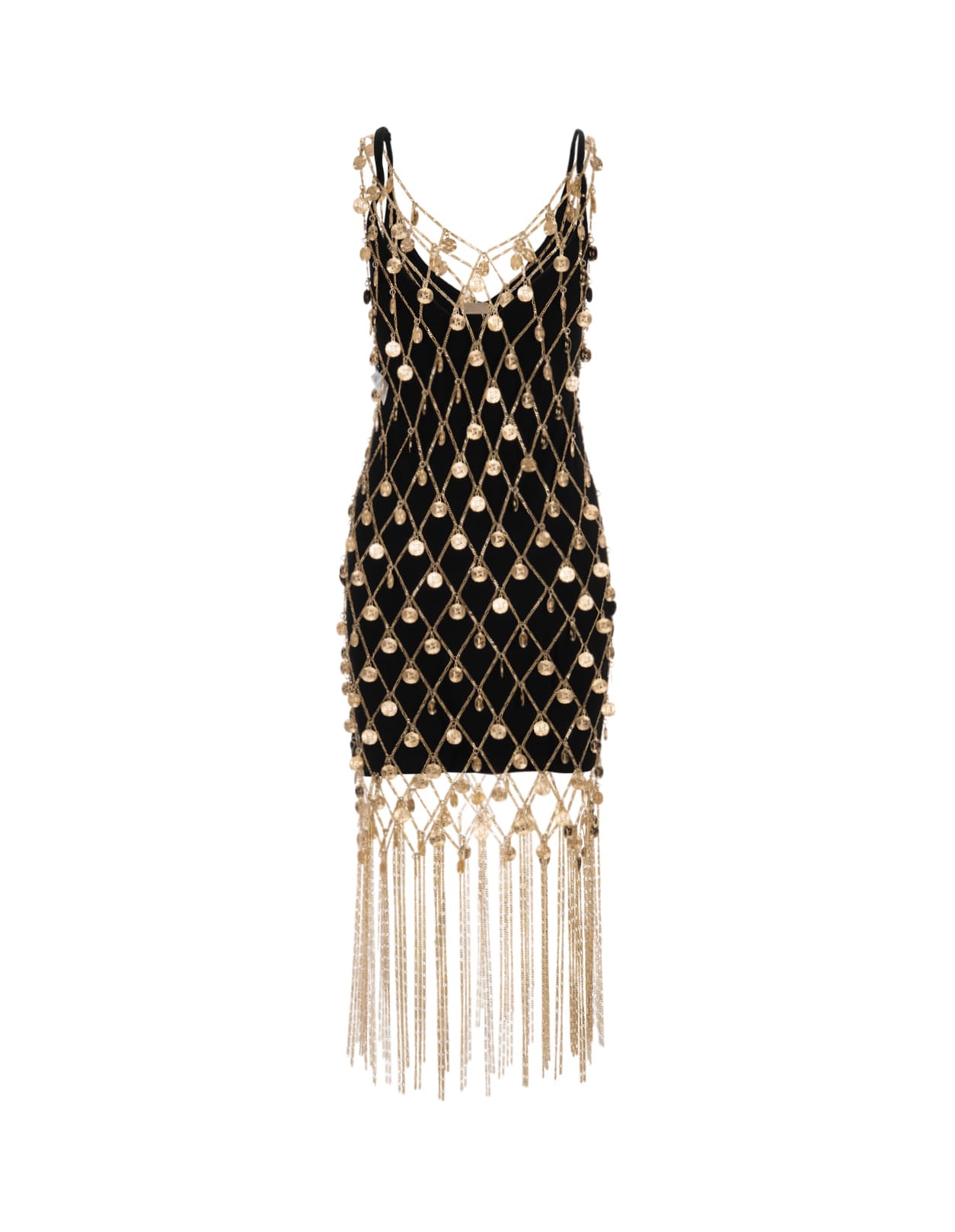 Shop Paco Rabanne Black Mini Dress With Metallic Gold Mesh In Nero