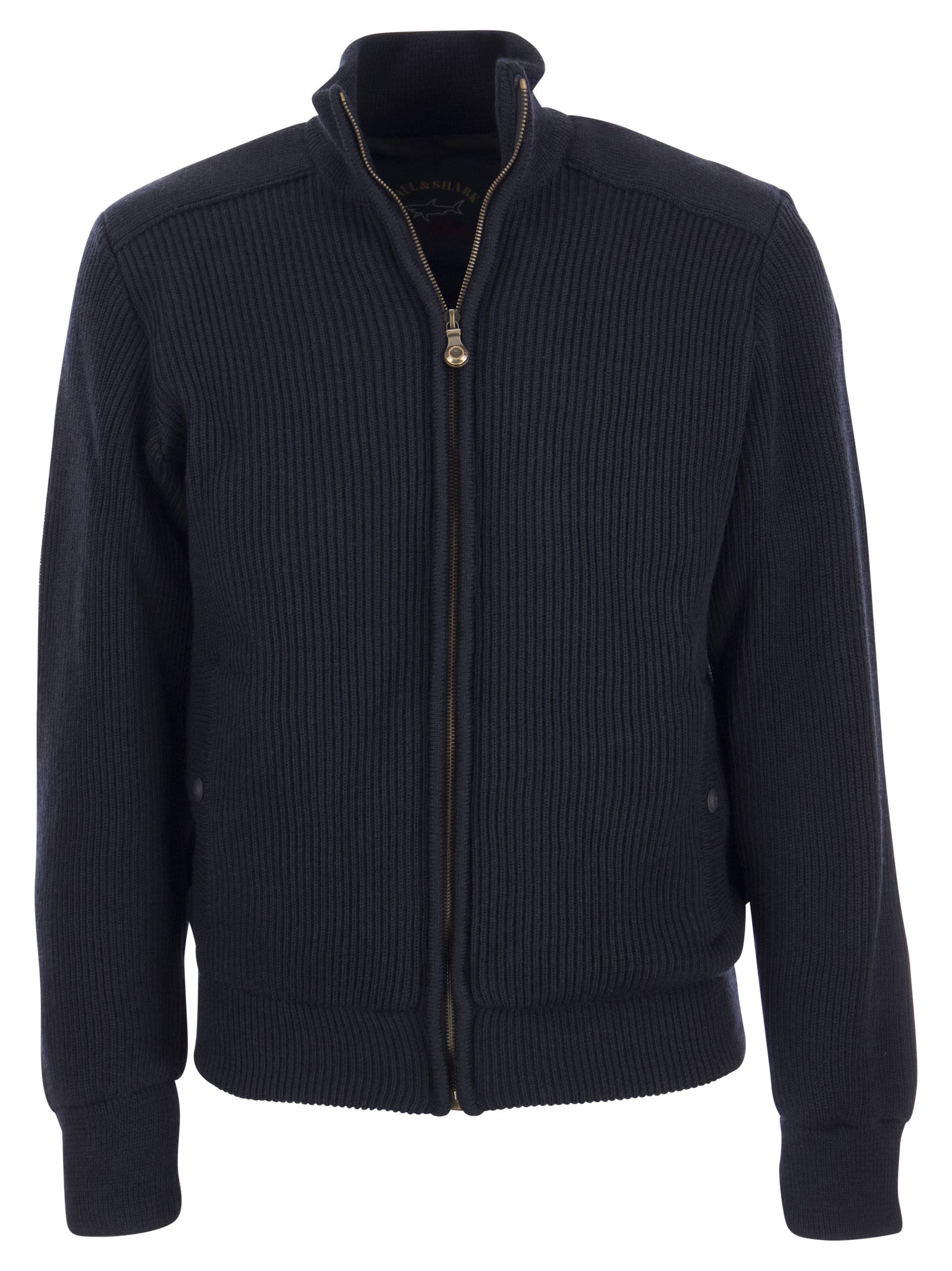Paul&amp;shark Wool Cardigan With Zip And Iconic Badge In Navy