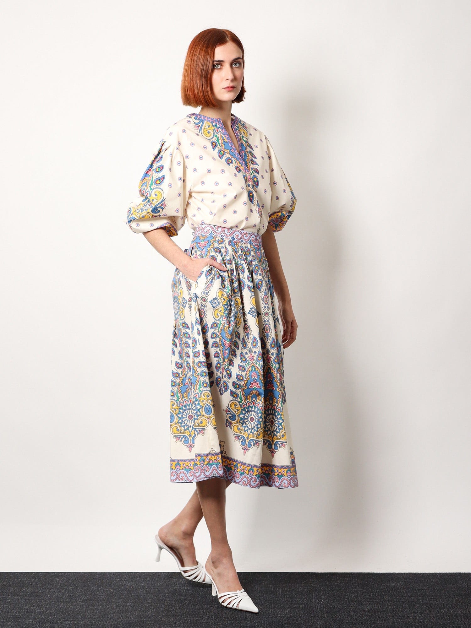 Shop Etro Cotton Skirt With Multicolor Print In Beige