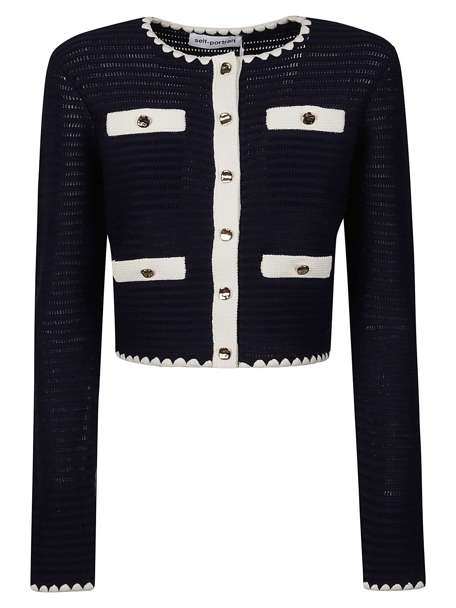 Shop Self-portrait Crochet Contrast Trim Cardigan In Navy