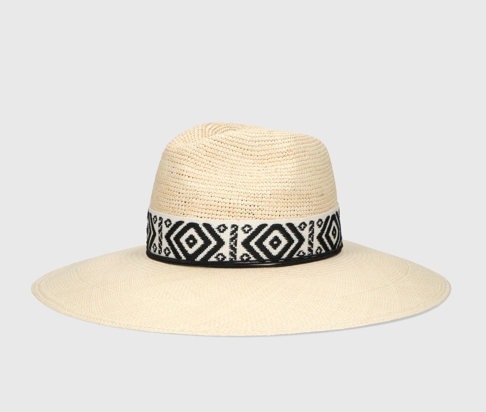 Shop Borsalino Sophie Panama Semicrochet Patterned Hatband In Natural, Patterned Black/cream Hat Band