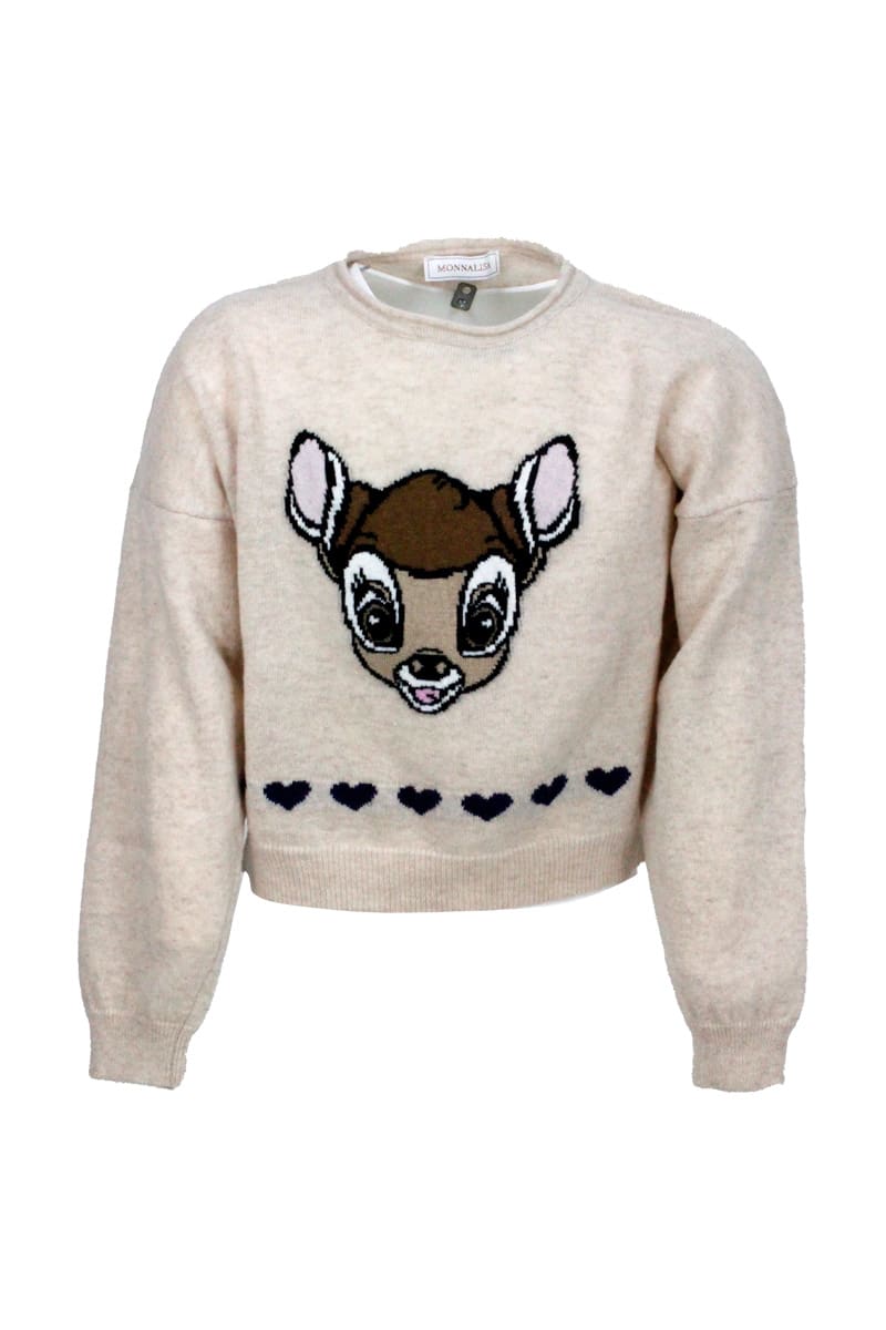 Monnalisa Crewneck Sweater In Wool With Inlay On The Front