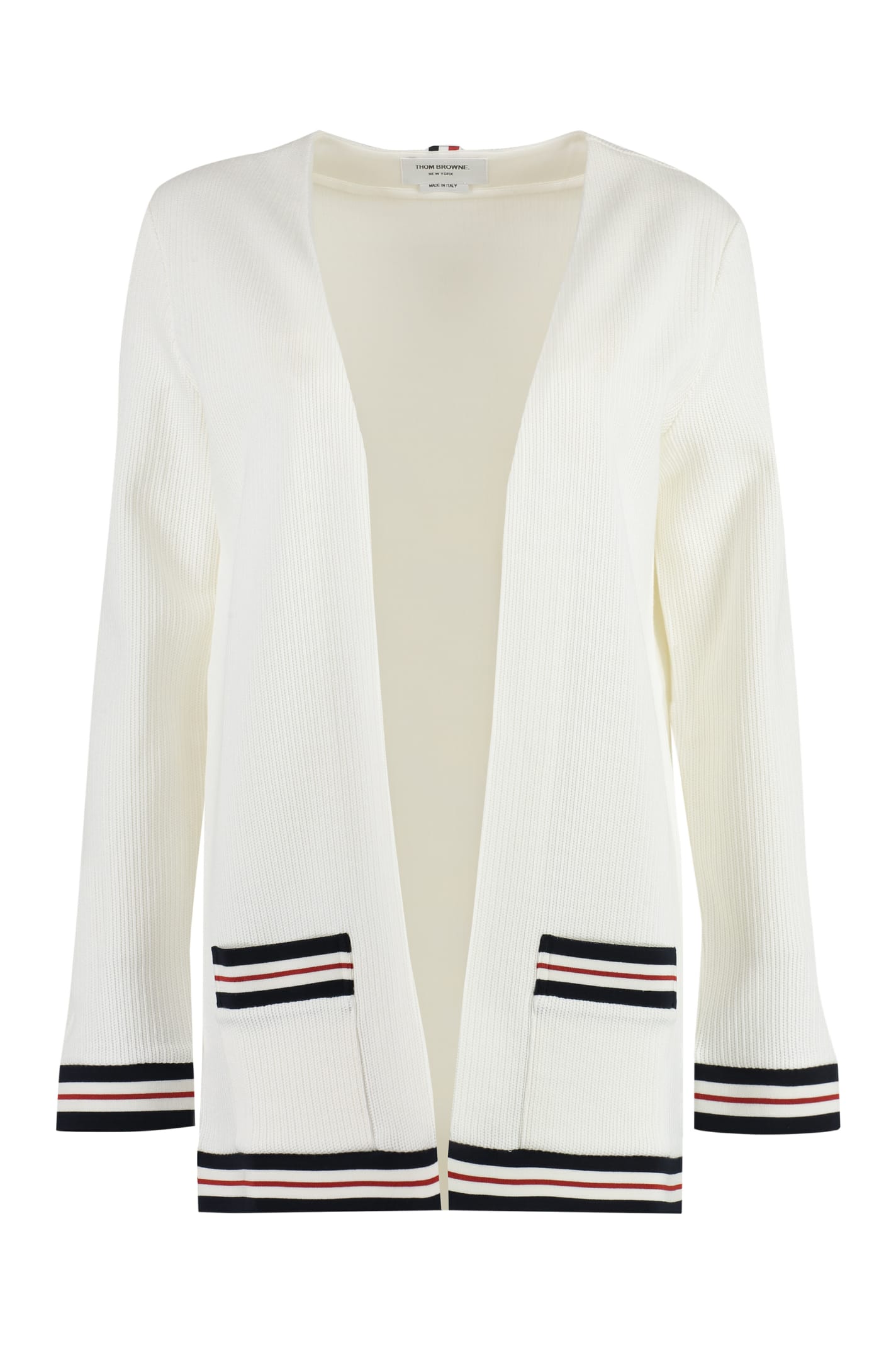 Thom Browne Rwb Stripe Ribbed Cardigan In White