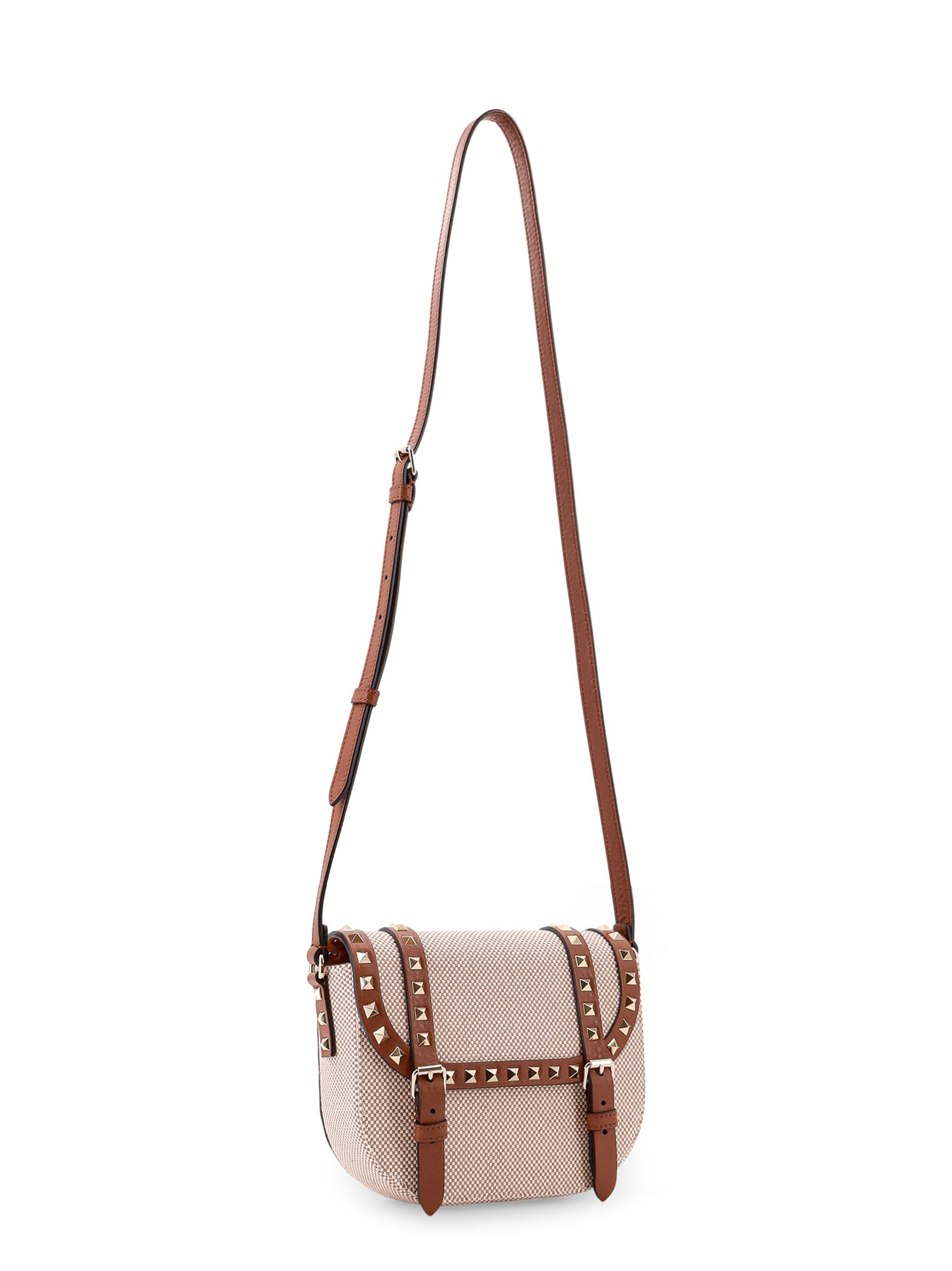 Shop Valentino Messenger Rockstud Fabric And Leather Shoulder Bag In Brown